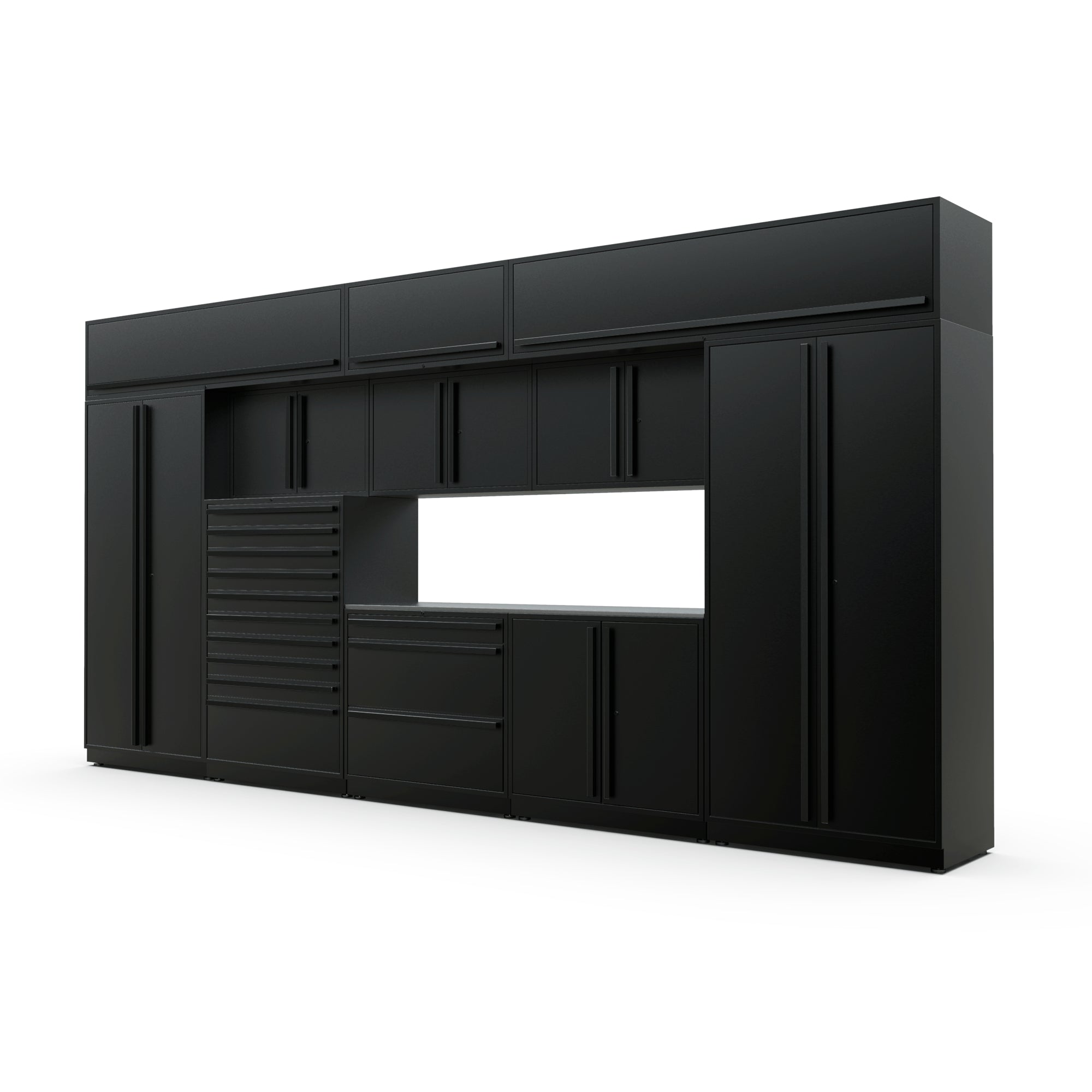 Proslat FusionPlus 16 ft TOOL garage cabinet set with overheads in Black with Black handles and a Stainless Steel worktop