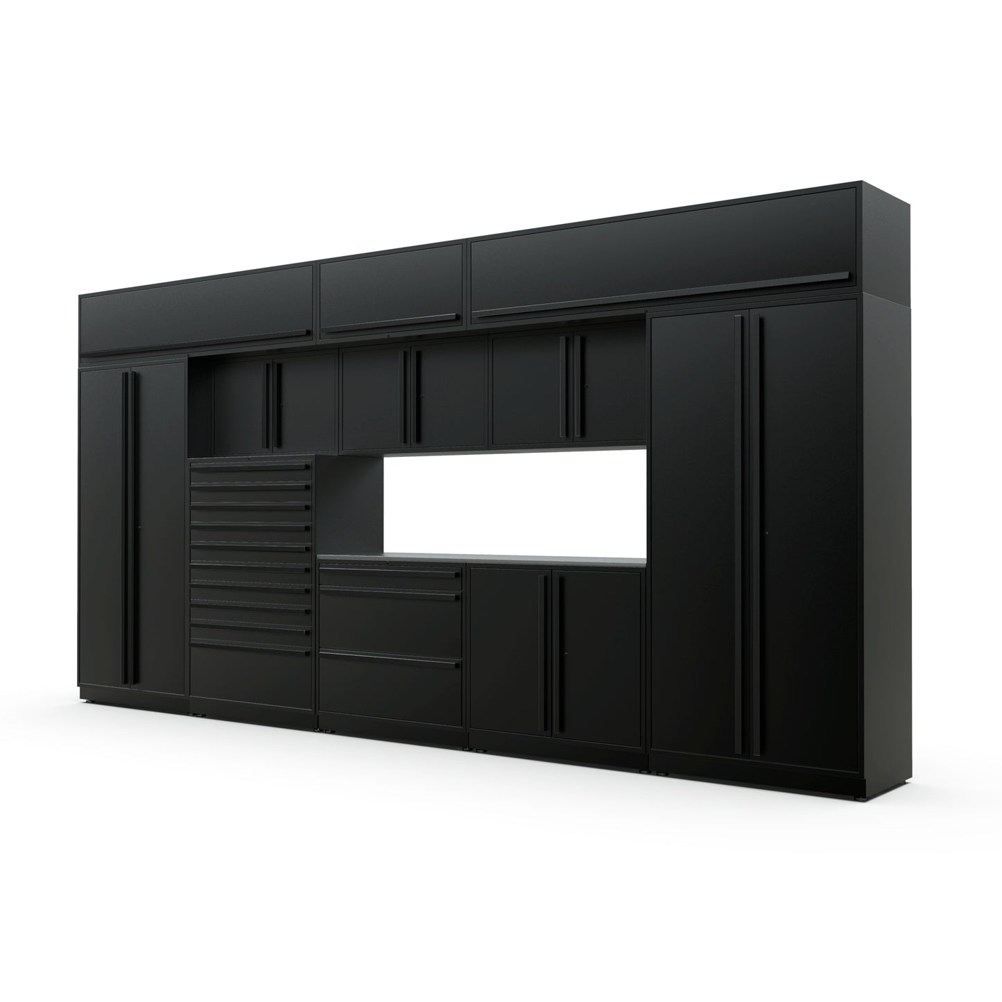 Proslat FusionPlus 16 ft TOOL garage cabinet set with overheads in Black with Black handles and a Stainless Steel worktop