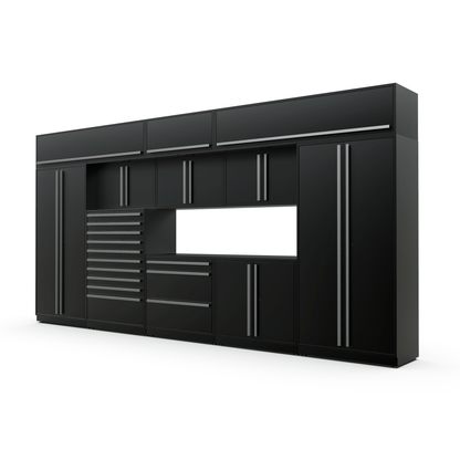 Proslat FusionPlus 16 ft TOOL garage cabinet set with overheads in Black with Silver handles and a Powder Coated worktop