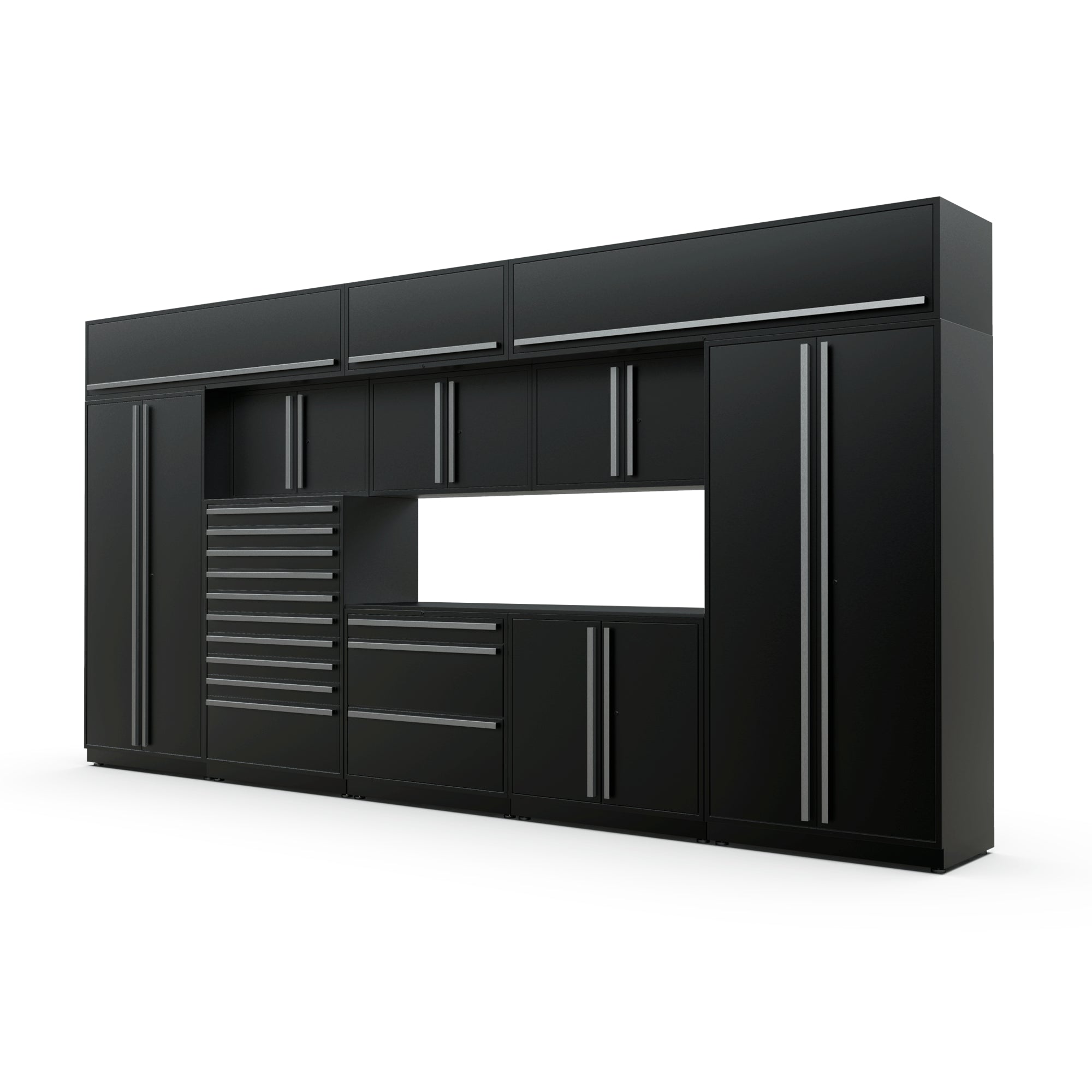 Proslat FusionPlus 16 ft TOOL garage cabinet set with overheads in Black with Silver handles and a Powder Coated worktop