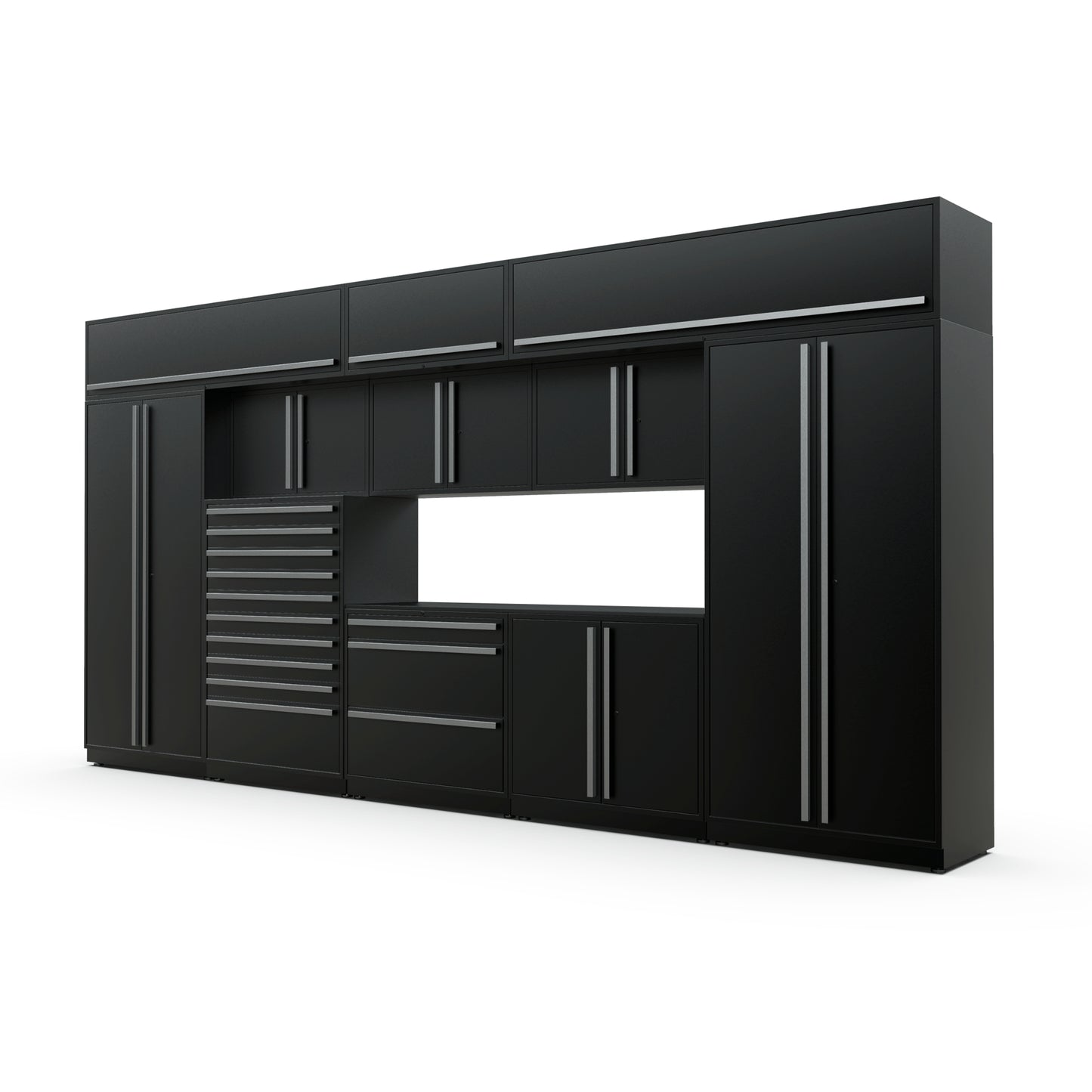 Proslat FusionPlus 16 ft TOOL garage cabinet set with overheads in Black with Silver handles and a Powder Coated worktop