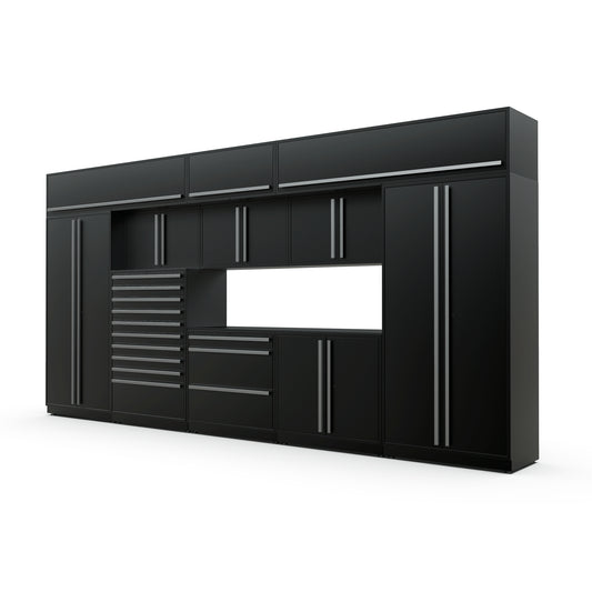 Proslat FusionPlus 16 ft TOOL garage cabinet set with overheads in Black with Silver handles and a Powder Coated worktop