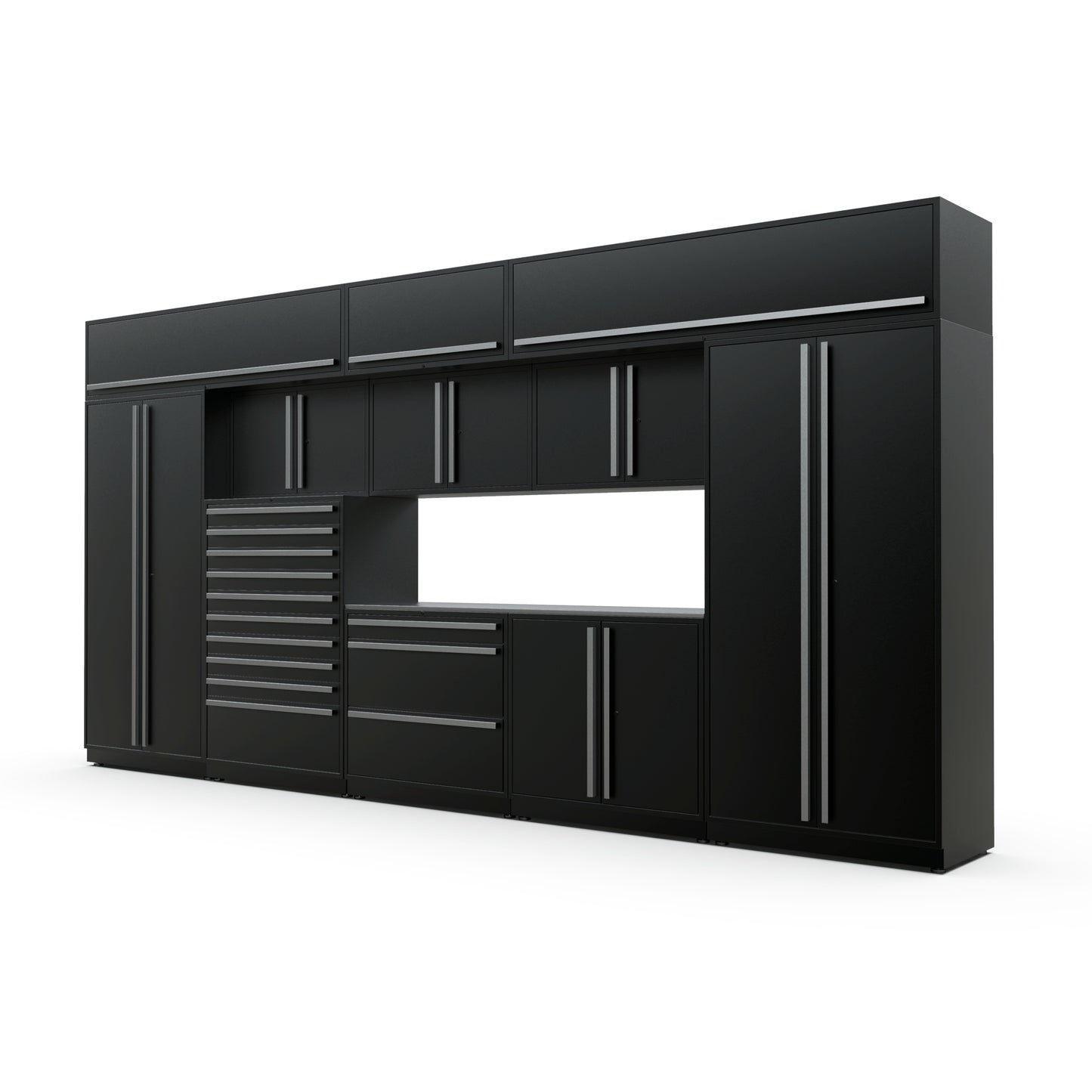 Proslat FusionPlus 16 ft TOOL garage cabinet set with overheads in Black with Silver handles and a Stainless Steel worktop