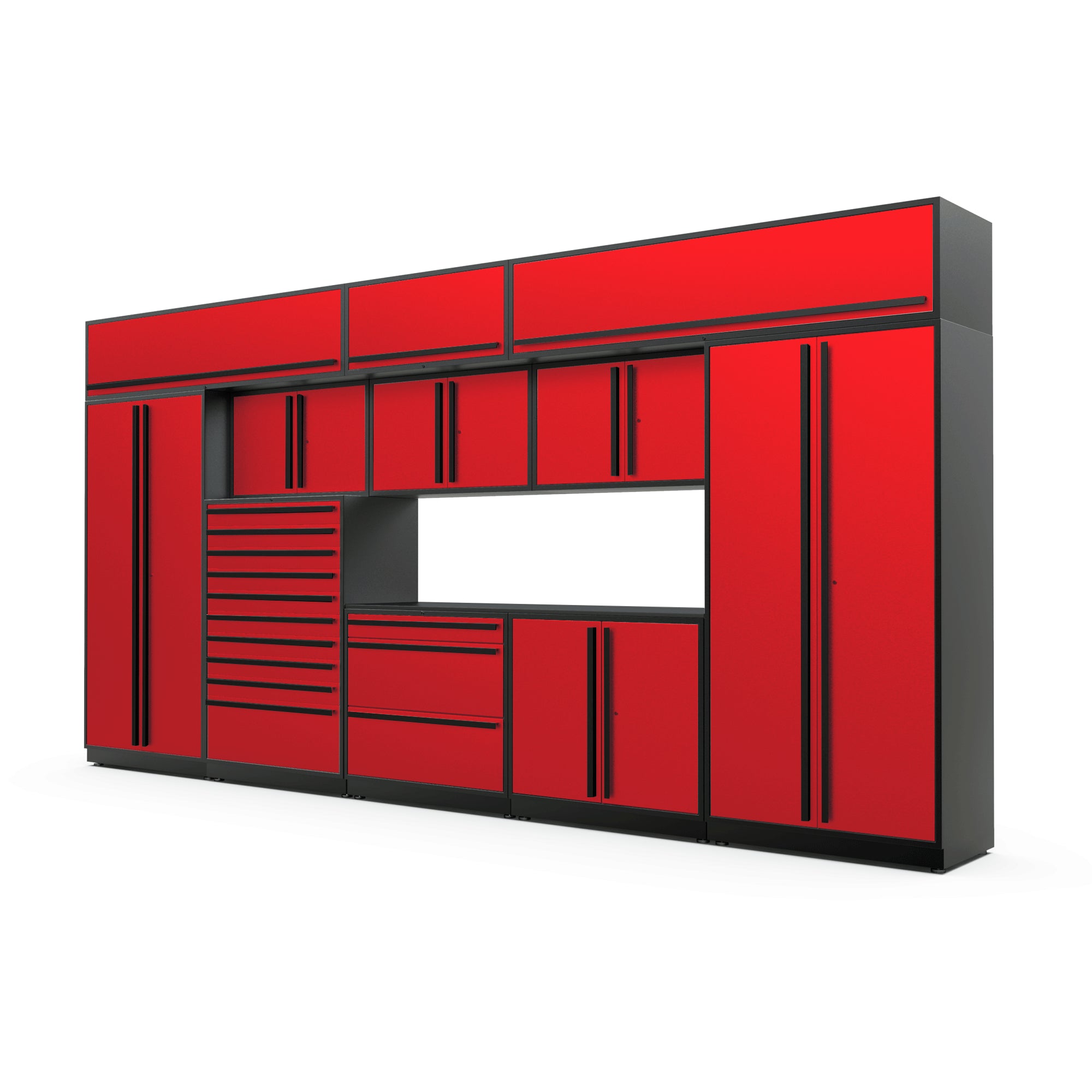 Proslat FusionPlus 16 ft TOOL garage cabinet set with overheads in Traffic Red with Black handles and a Powder Coated worktop