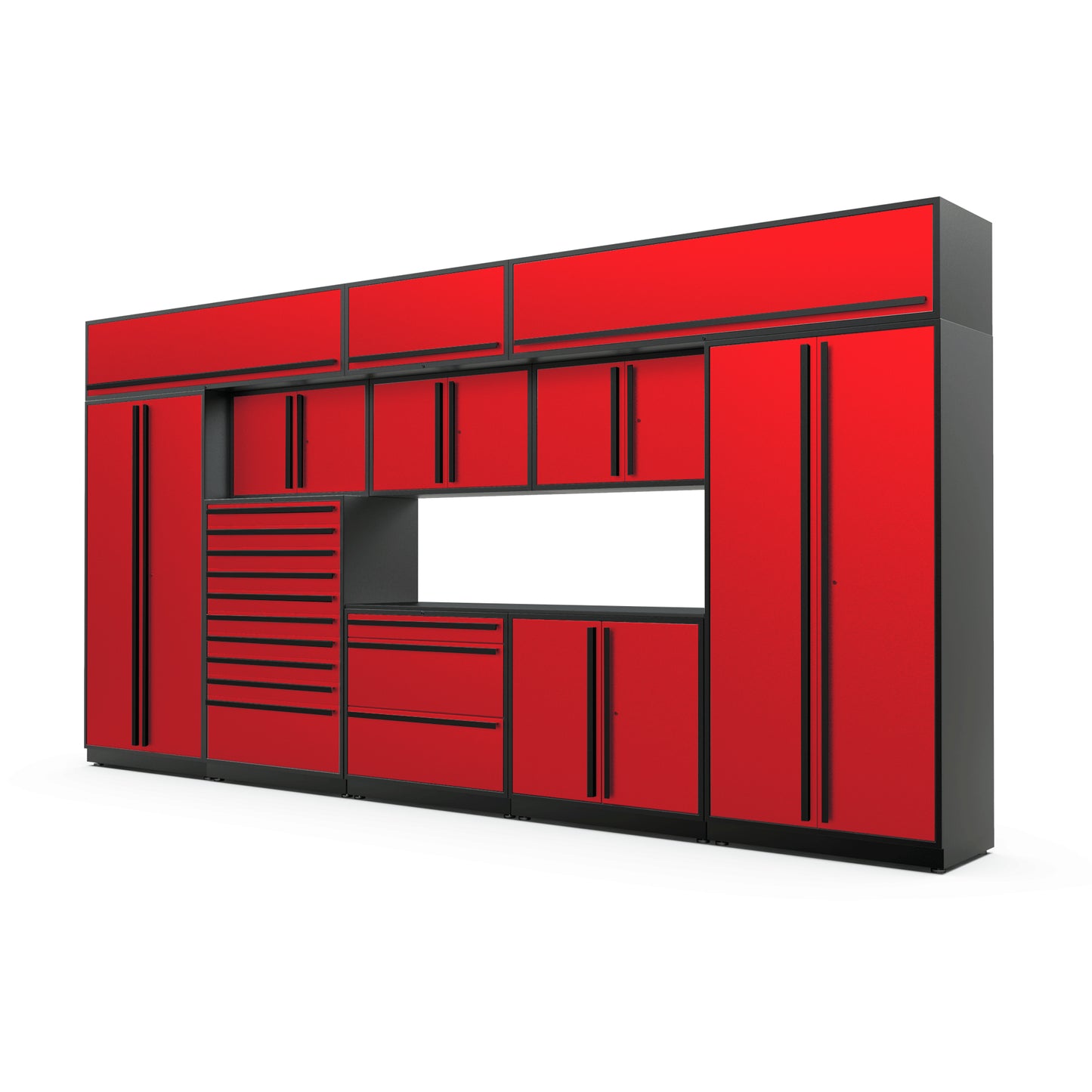 Proslat FusionPlus 16 ft TOOL garage cabinet set with overheads in Traffic Red with Black handles and a Powder Coated worktop