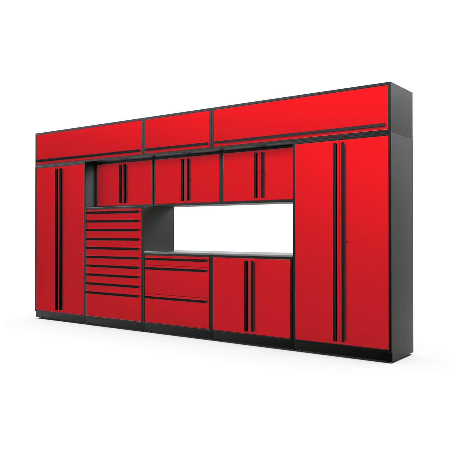 Proslat FusionPlus 16 ft TOOL garage cabinet set with overheads in Traffic Red with Black handles and a Stainless Steel worktop