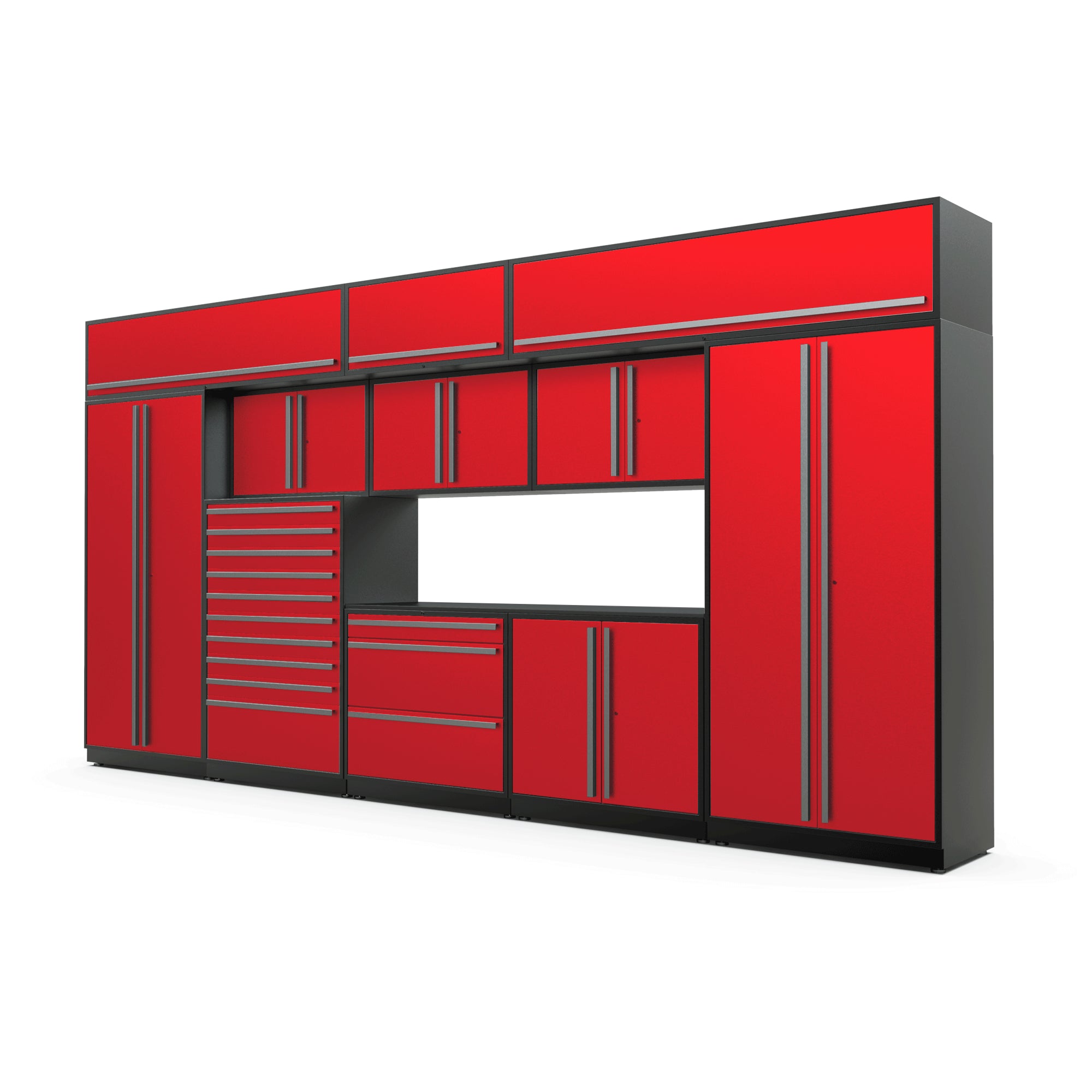 Proslat FusionPlus 16 ft TOOL garage cabinet set with overheads in Traffic Red with Silver handles and a Powder Coated worktop