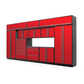 Proslat FusionPlus 16 ft TOOL garage cabinet set with overheads in Traffic Red with Silver handles and a Stainless Steel worktop