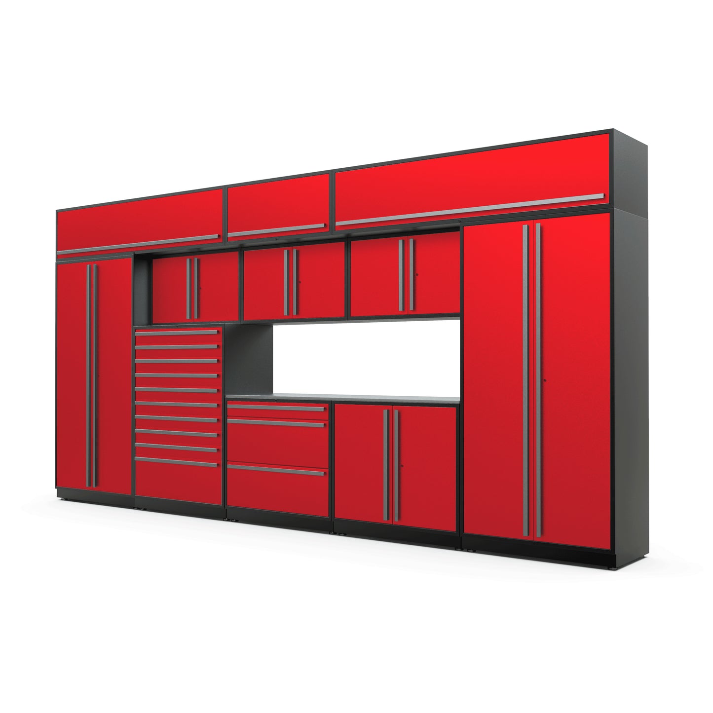 Proslat FusionPlus 16 ft TOOL garage cabinet set with overheads in Traffic Red with Silver handles and a Stainless Steel worktop