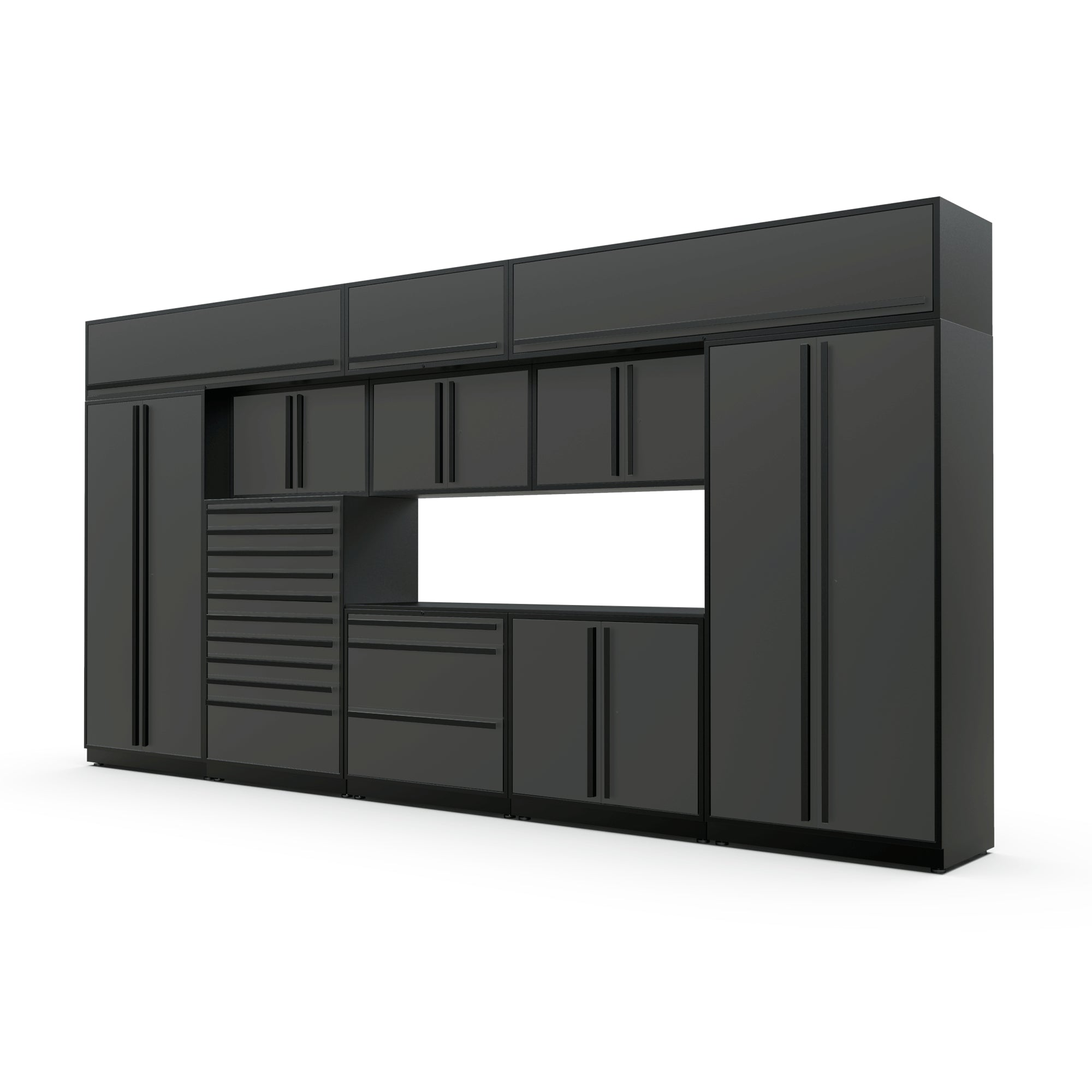 Proslat FusionPlus 16 ft TOOL garage cabinet set with overheads in Traffic Gray with Black handles and a Powder Coated worktop