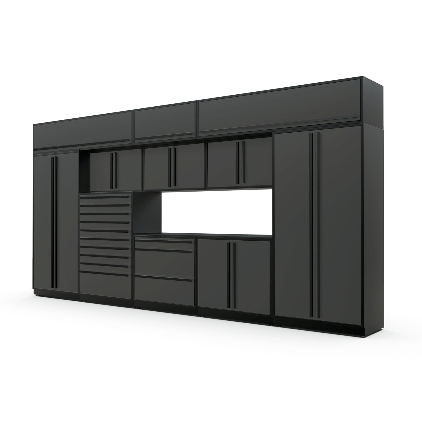 Proslat FusionPlus 16 ft TOOL garage cabinet set with overheads in Traffic Gray with Black handles and a Powder Coated worktop