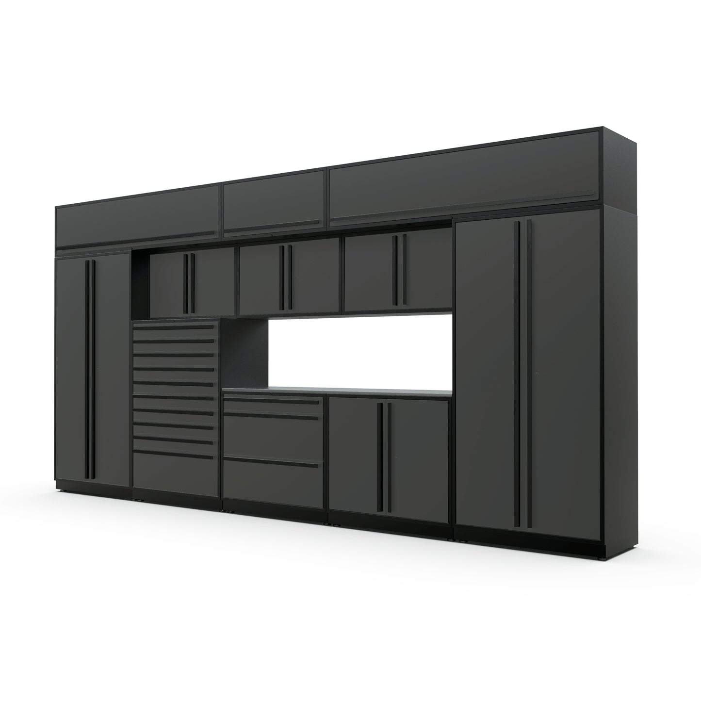 Proslat FusionPlus 16 ft TOOL garage cabinet set with overheads in Traffic Gray with Black handles and a Stainless Steel worktop