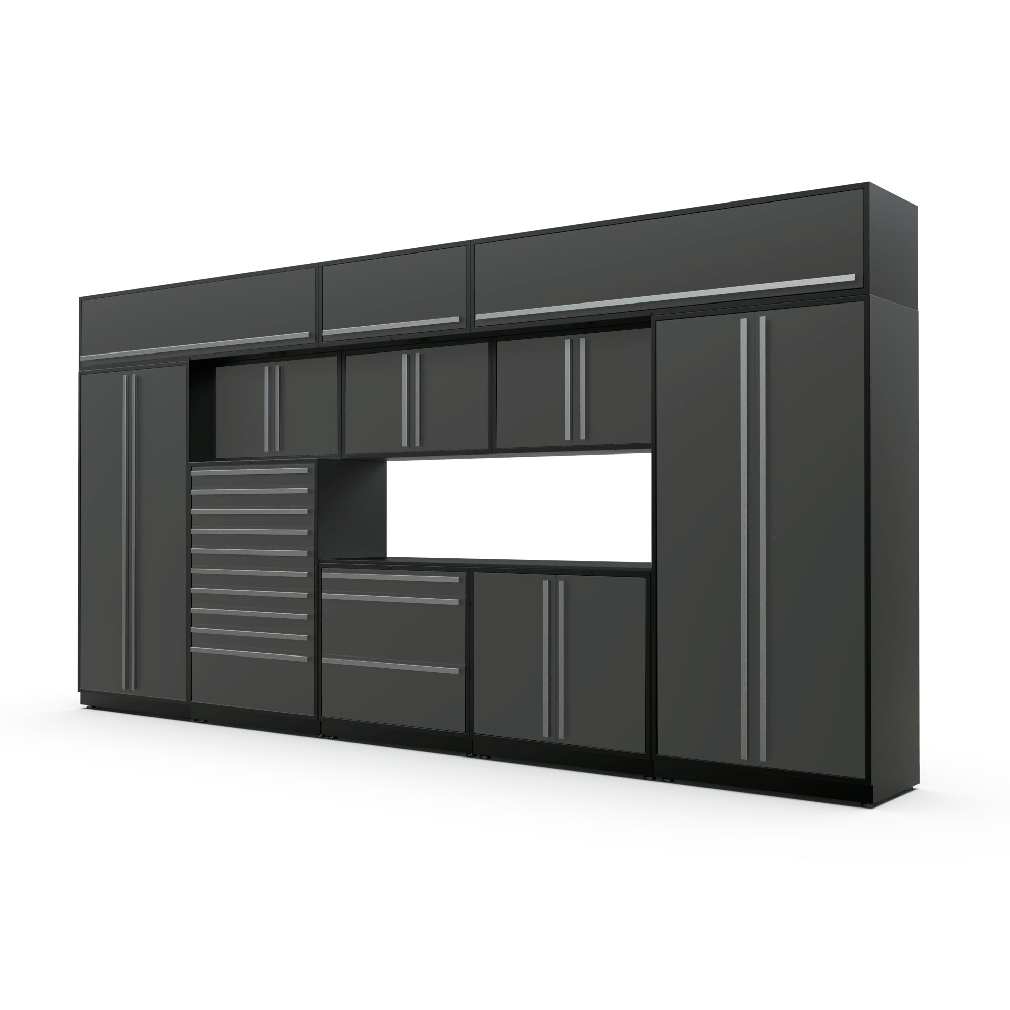 Proslat FusionPlus 16 ft TOOL garage cabinet set with overheads in Traffic Gray with Silver handles and a Powder Coated worktop