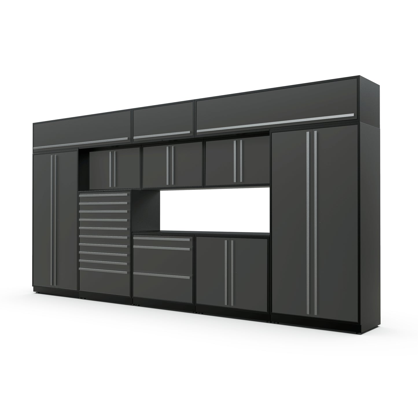 Proslat FusionPlus 16 ft TOOL garage cabinet set with overheads in Traffic Gray with Silver handles and a Powder Coated worktop