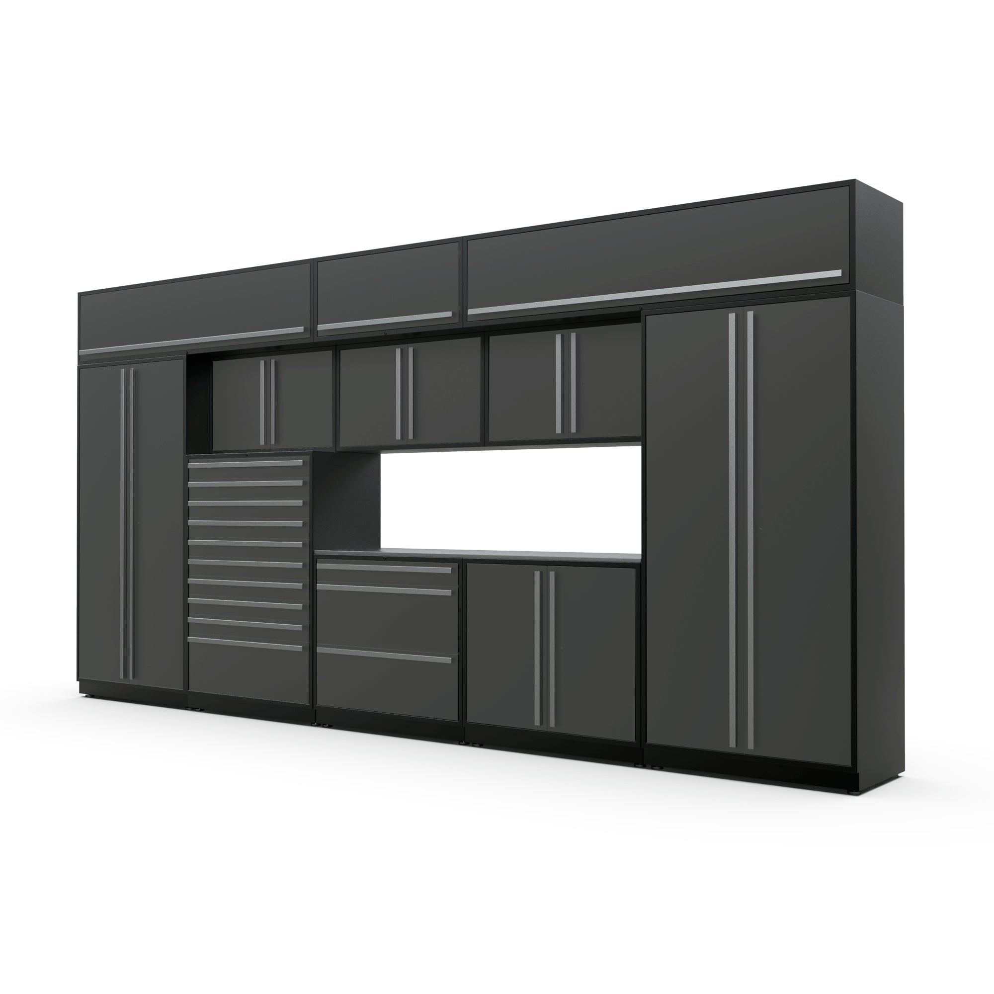 Proslat FusionPlus 16 ft TOOL garage cabinet set with overheads in Traffic Gray with Silver handles and a Stainless Steel worktop