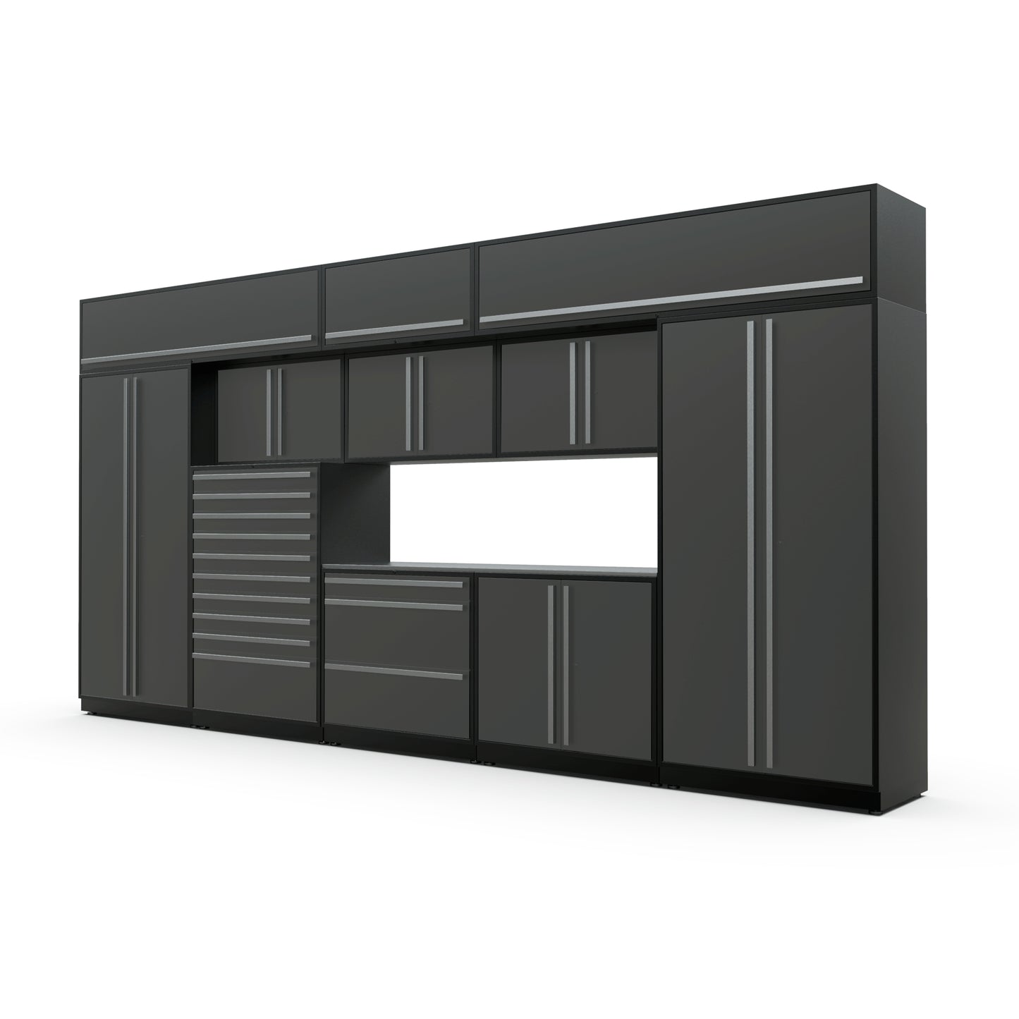 Proslat FusionPlus 16 ft TOOL garage cabinet set with overheads in Traffic Gray with Silver handles and a Stainless Steel worktop