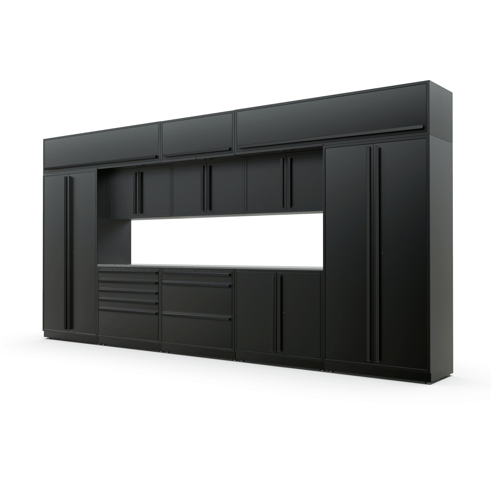 Proslat FusionPlus 16 ft MAX garage cabinet set with overheads in Black with Black handles and a Powder Coated worktop