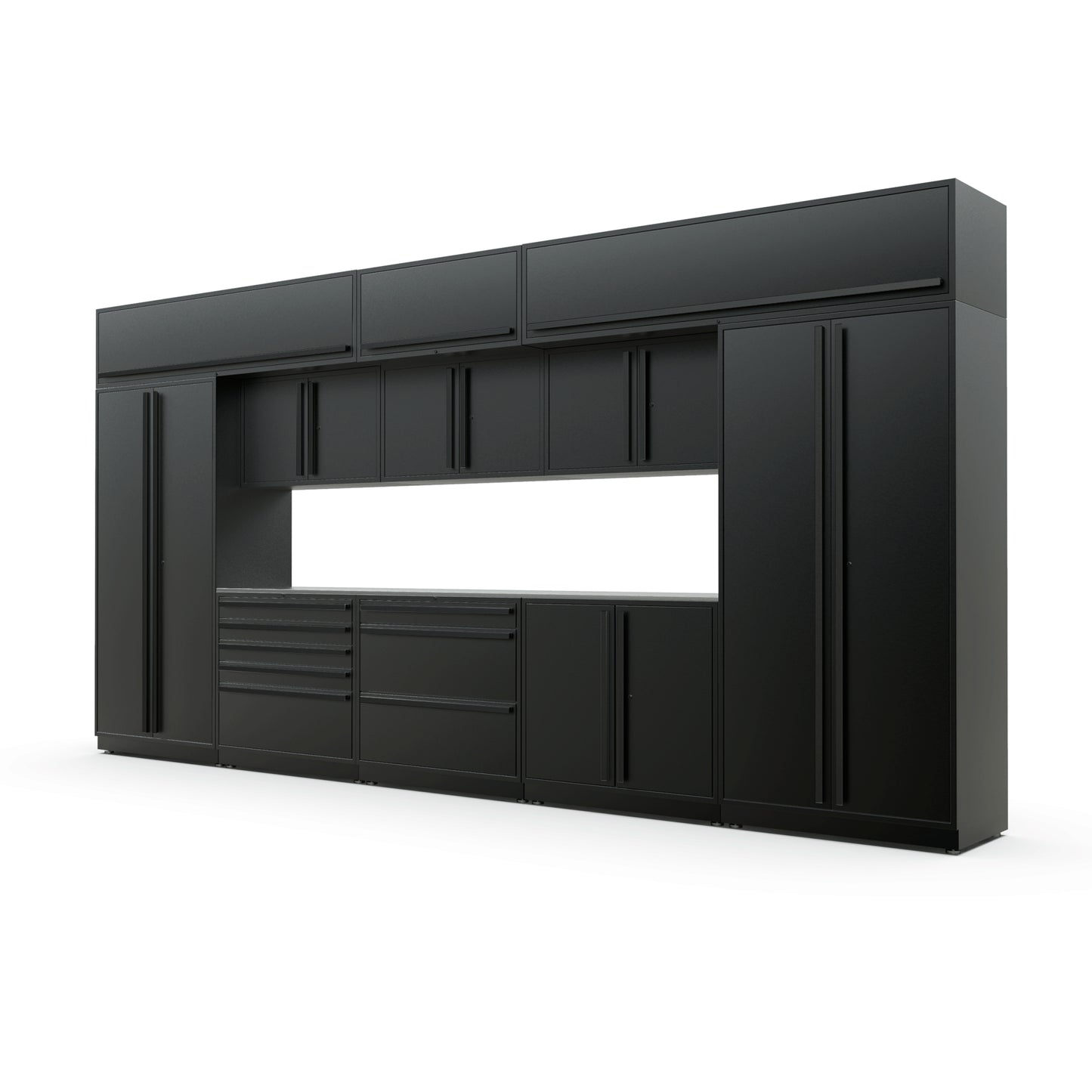 Proslat FusionPlus 16 ft MAX garage cabinet set with overheads in Black with Black handles and a Powder Coated worktop