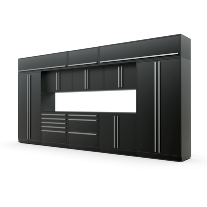 Proslat FusionPlus 16 ft MAX garage cabinet set with overheads in Black with Silver handles and a Powder Coated worktop