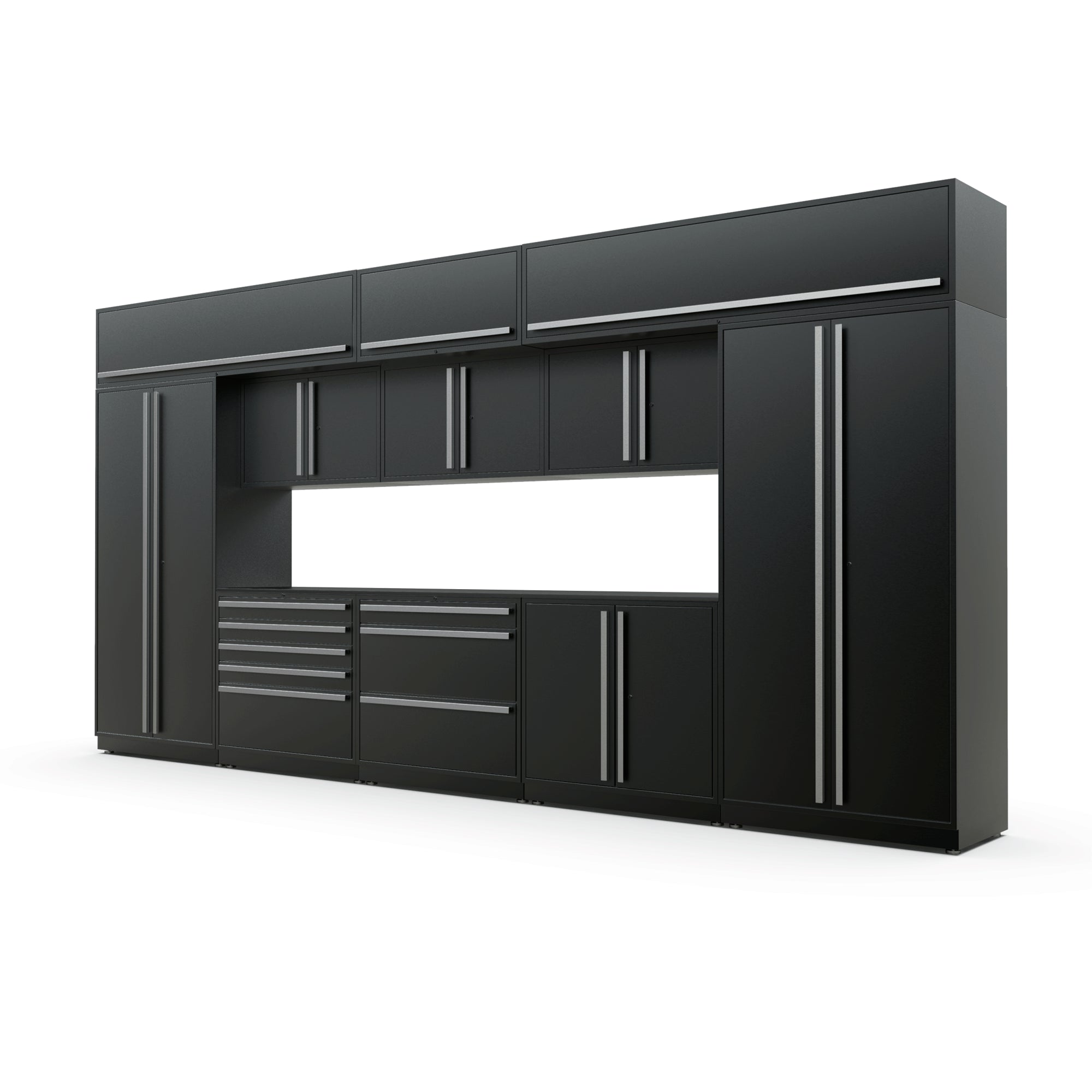 Proslat FusionPlus 16 ft MAX garage cabinet set with overheads in Black with Silver handles and a Powder Coated worktop