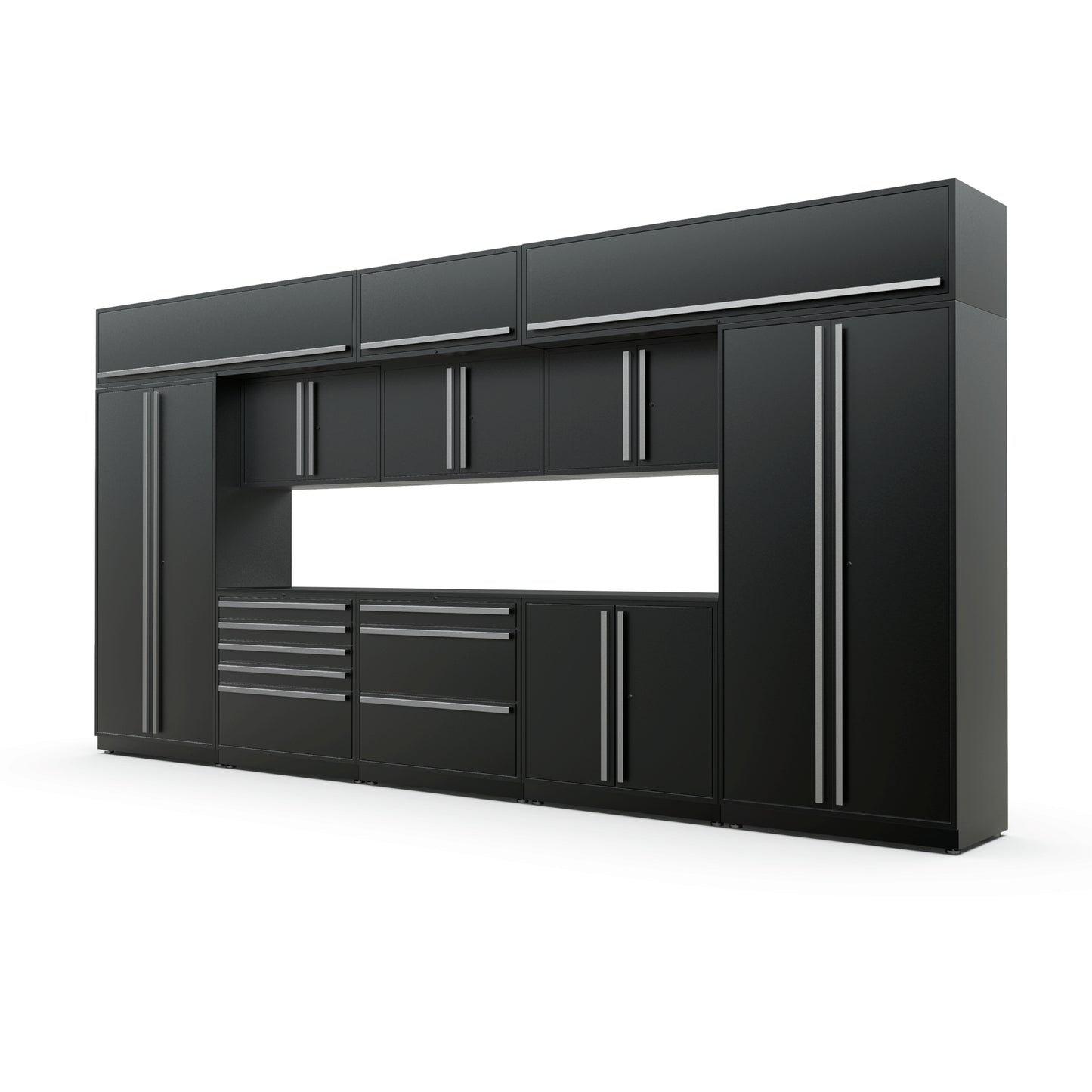 Proslat FusionPlus 16 ft MAX garage cabinet set with overheads in Black with Silver handles and a Powder Coated worktop