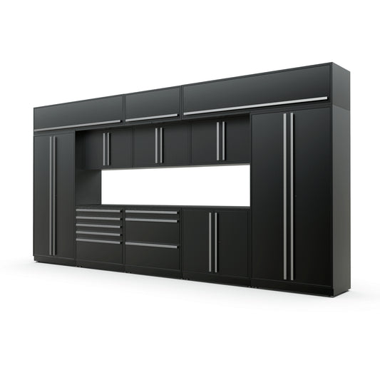 Proslat FusionPlus 16 ft MAX garage cabinet set with overheads in Black with Silver handles and a Powder Coated worktop