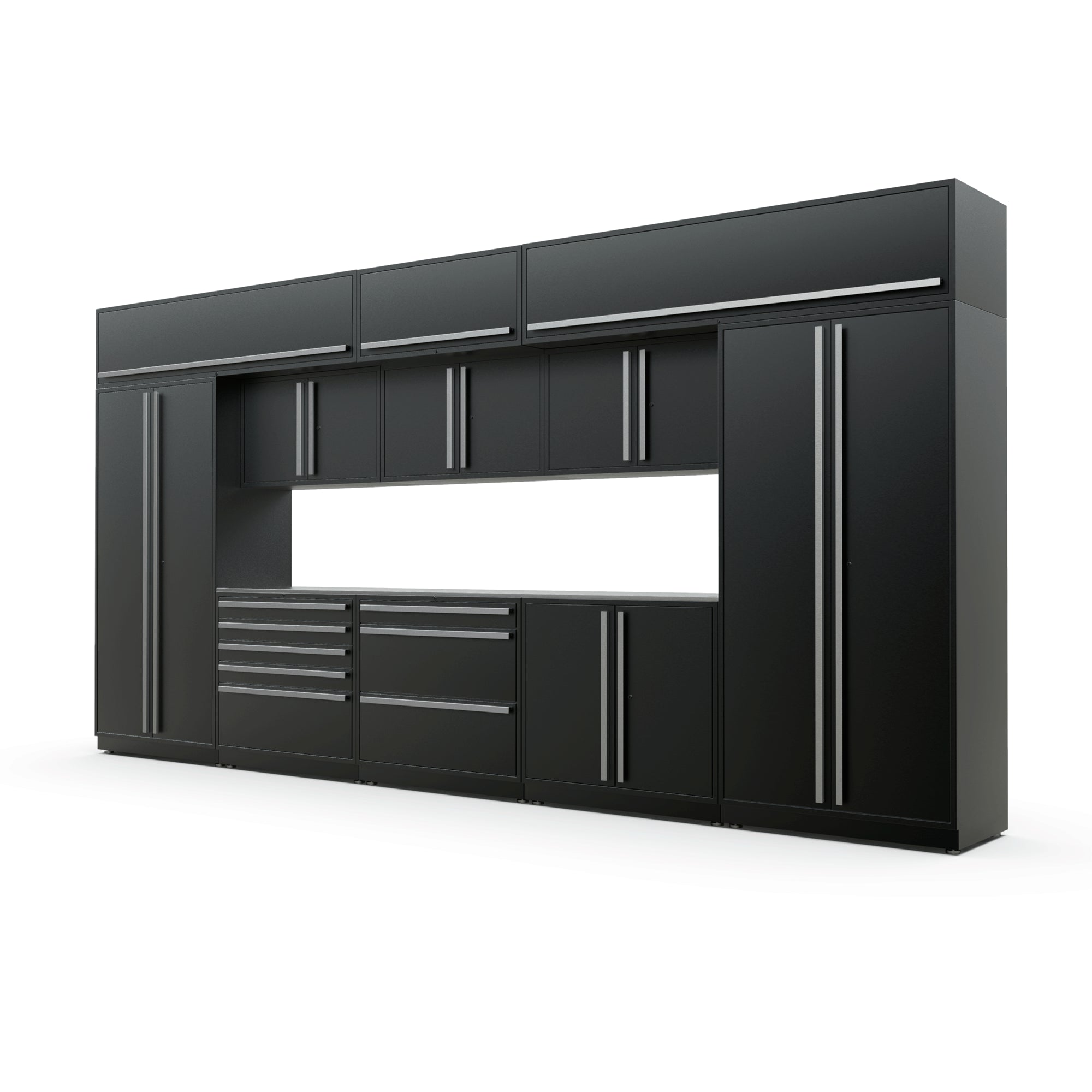 Proslat FusionPlus 16 ft MAX garage cabinet set with overheads in Black with a Stainless Steel worktop
