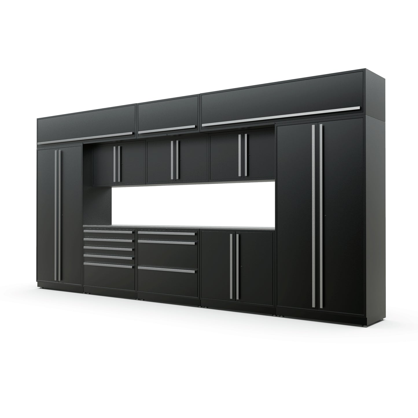 Proslat FusionPlus 16 ft MAX garage cabinet set with overheads in Black with a Stainless Steel worktop