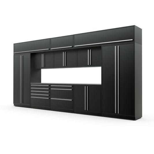 Proslat FusionPlus 16 ft MAX garage cabinet set with overheads in Black with a Stainless Steel worktop