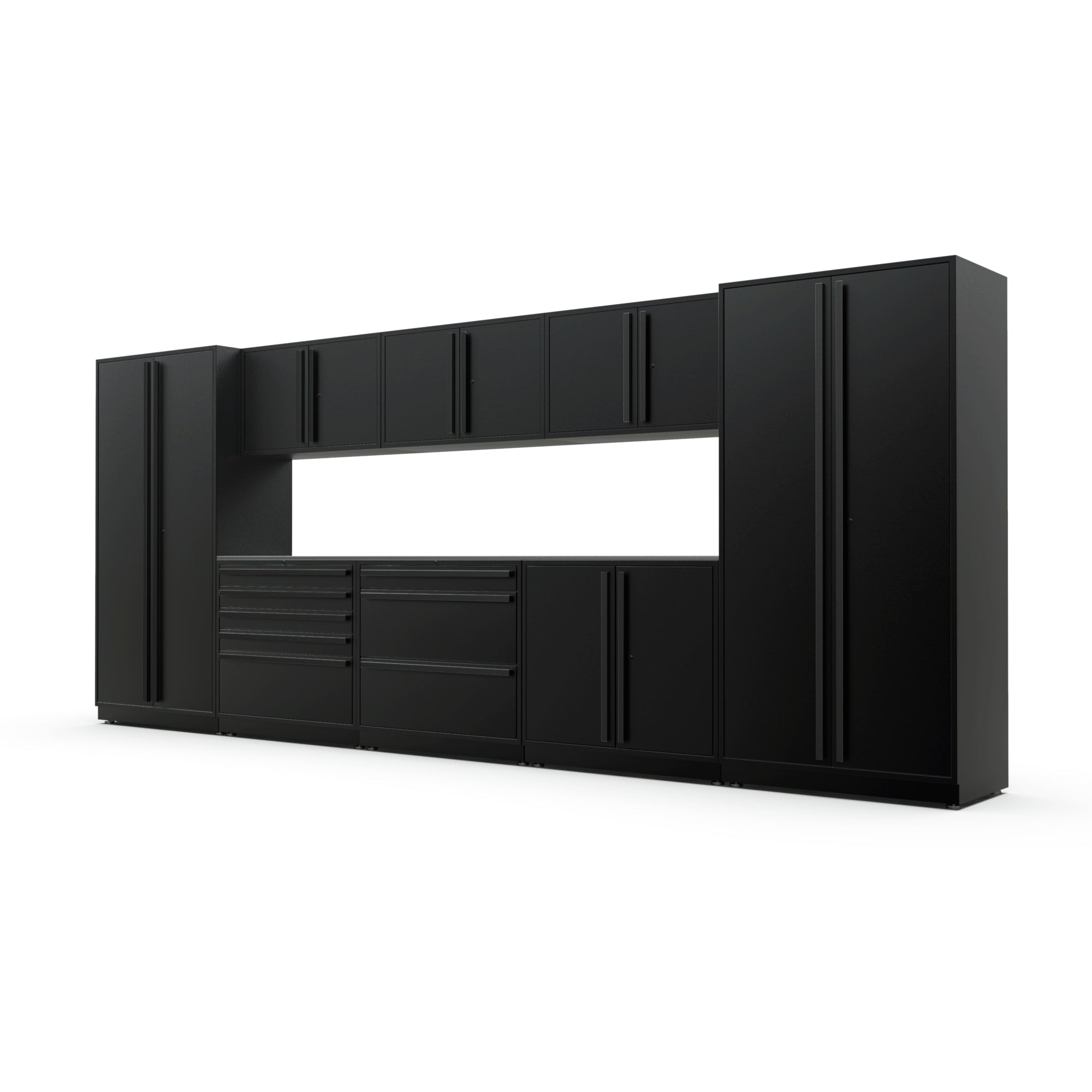 Proslat FusionPlus 16 ft MAX garage cabinet set in Black with Black handles and a Stainless Steel worktop