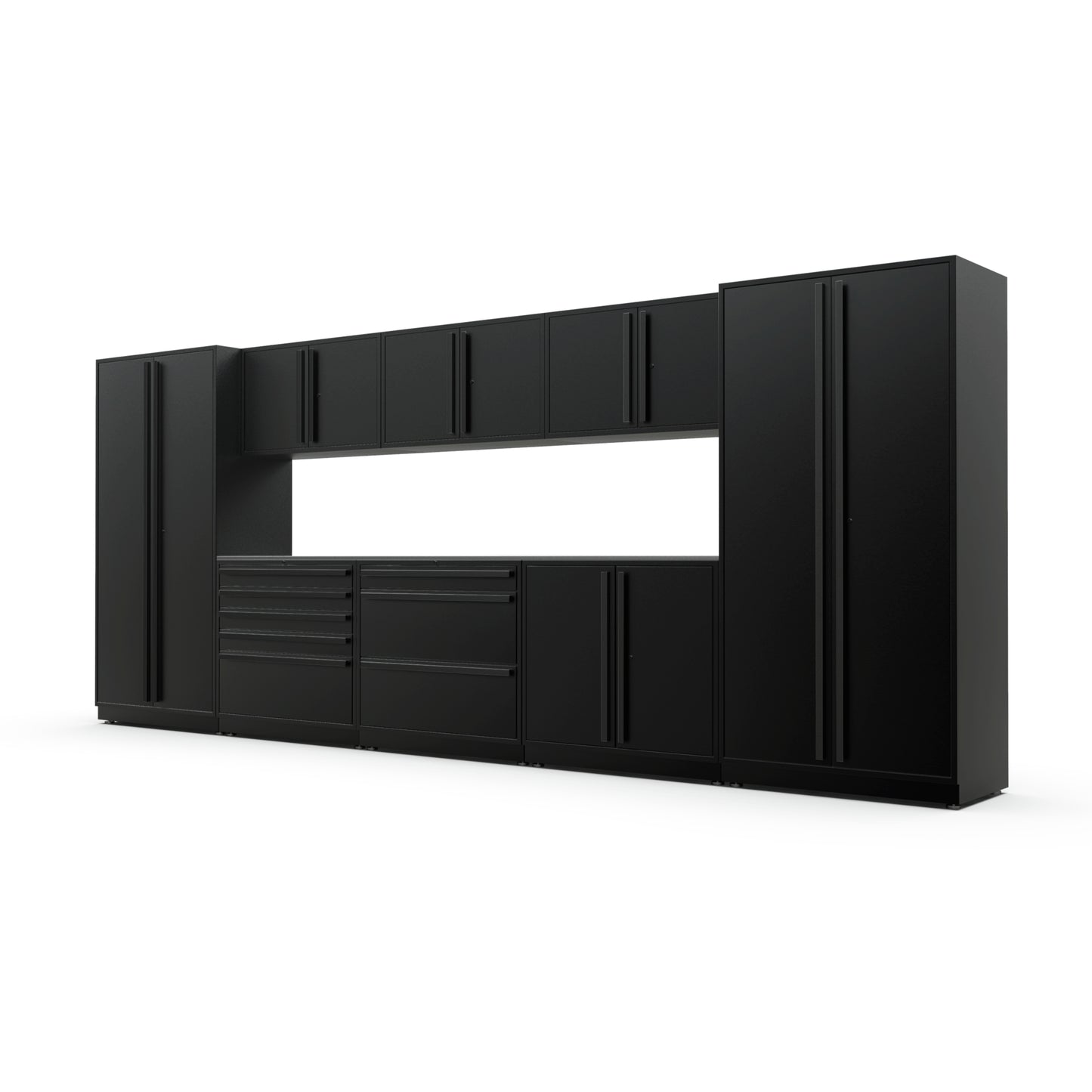 Proslat FusionPlus 16 ft MAX garage cabinet set in Black with Black handles and a Stainless Steel worktop