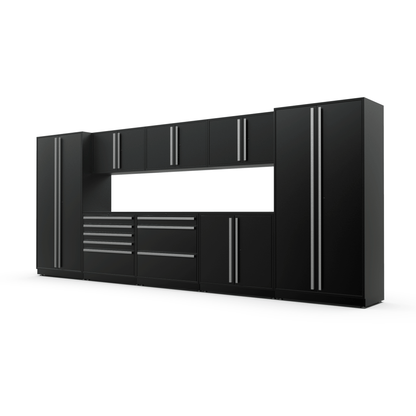 Proslat FusionPlus 16 ft MAX garage cabinet set in Black with Silver handles and a Powder Coated worktop