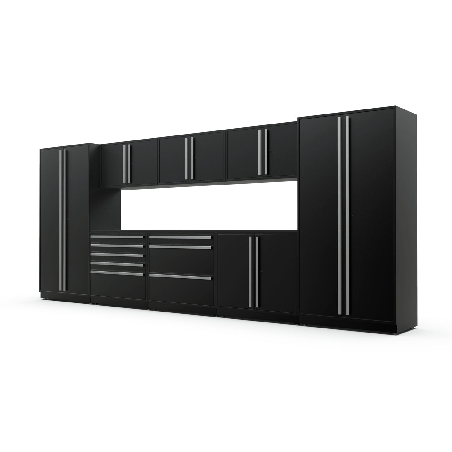 Proslat FusionPlus 16 ft MAX garage cabinet set in Black with Silver handles and a Powder Coated worktop