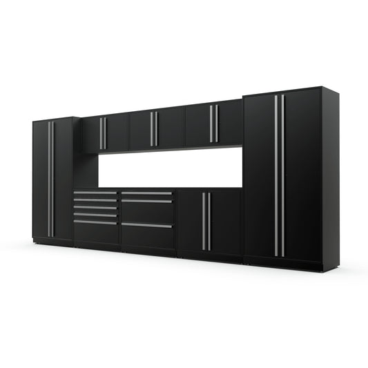 Proslat FusionPlus 16 ft MAX garage cabinet set in Black with Silver handles and a Powder Coated worktop