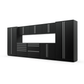 Proslat FusionPlus 16 ft MAX garage cabinet set in Black with Silver handles and a Stainless Steel worktop