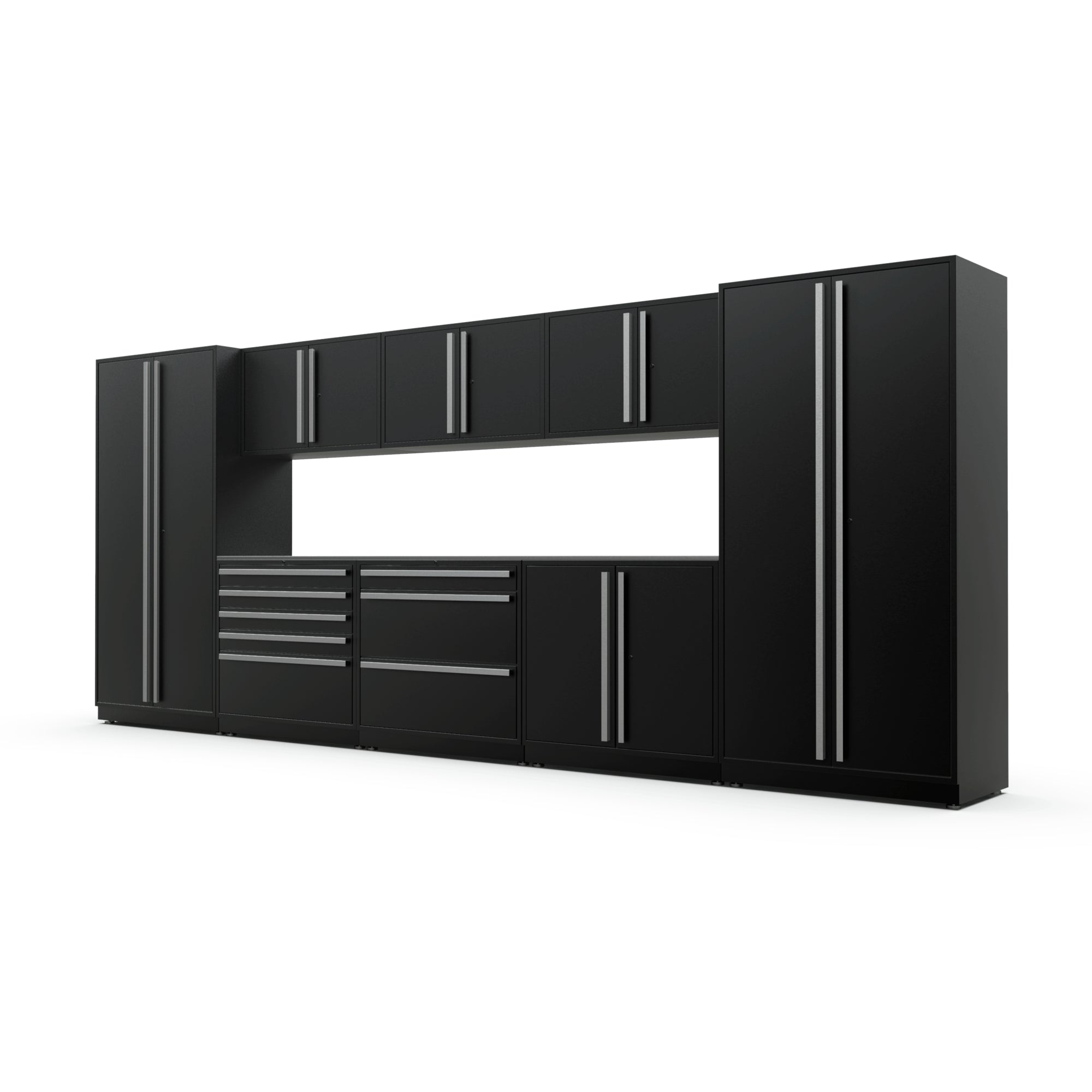 Proslat FusionPlus 16 ft MAX garage cabinet set in Black with Silver handles and a Stainless Steel worktop
