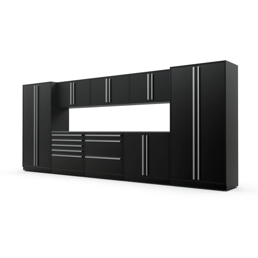 Proslat FusionPlus 16 ft MAX garage cabinet set in Black with Silver handles and a Stainless Steel worktop