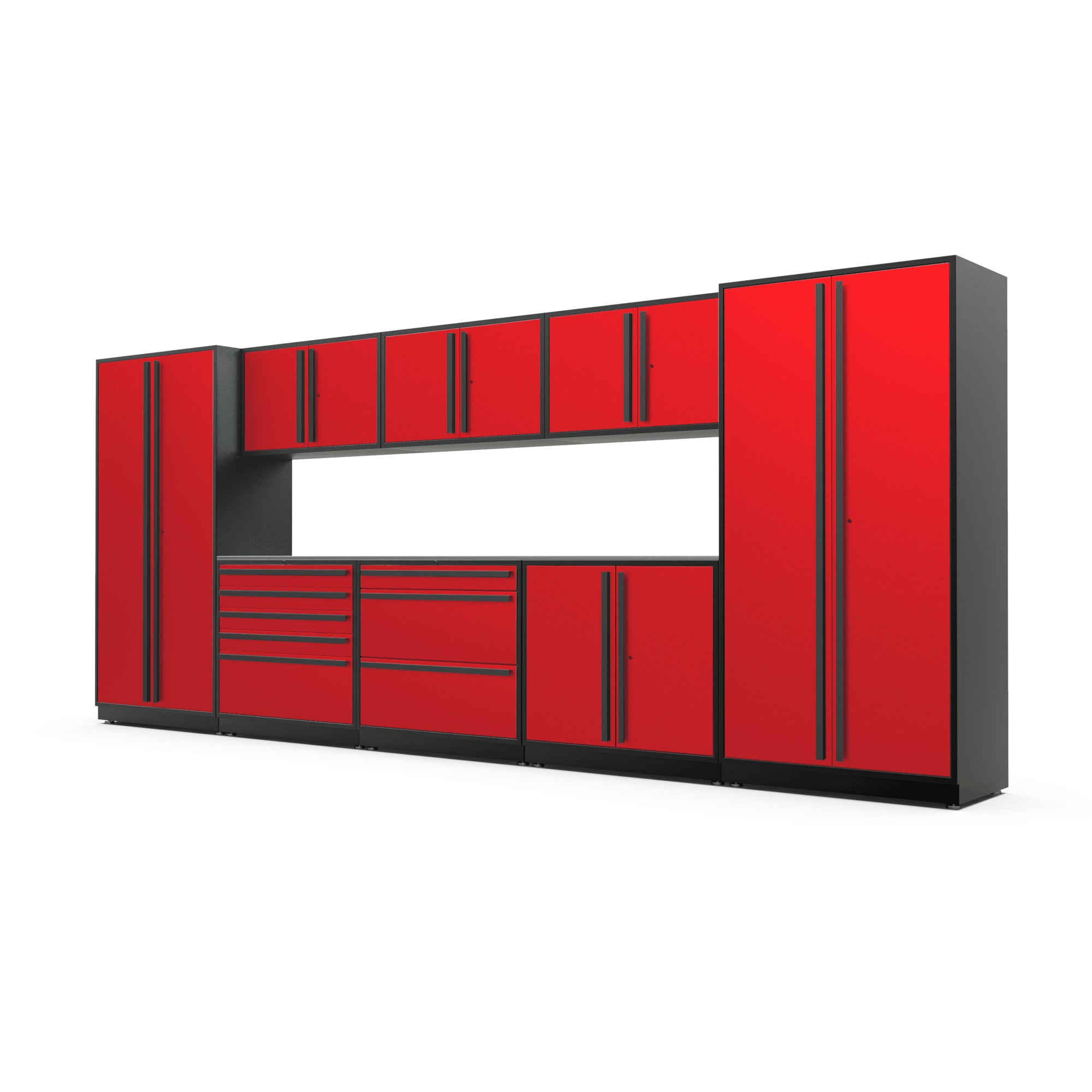Proslat FusionPlus 16 ft MAX garage cabinet set in Traffic Red with Black handles and a Stainless Steel worktop