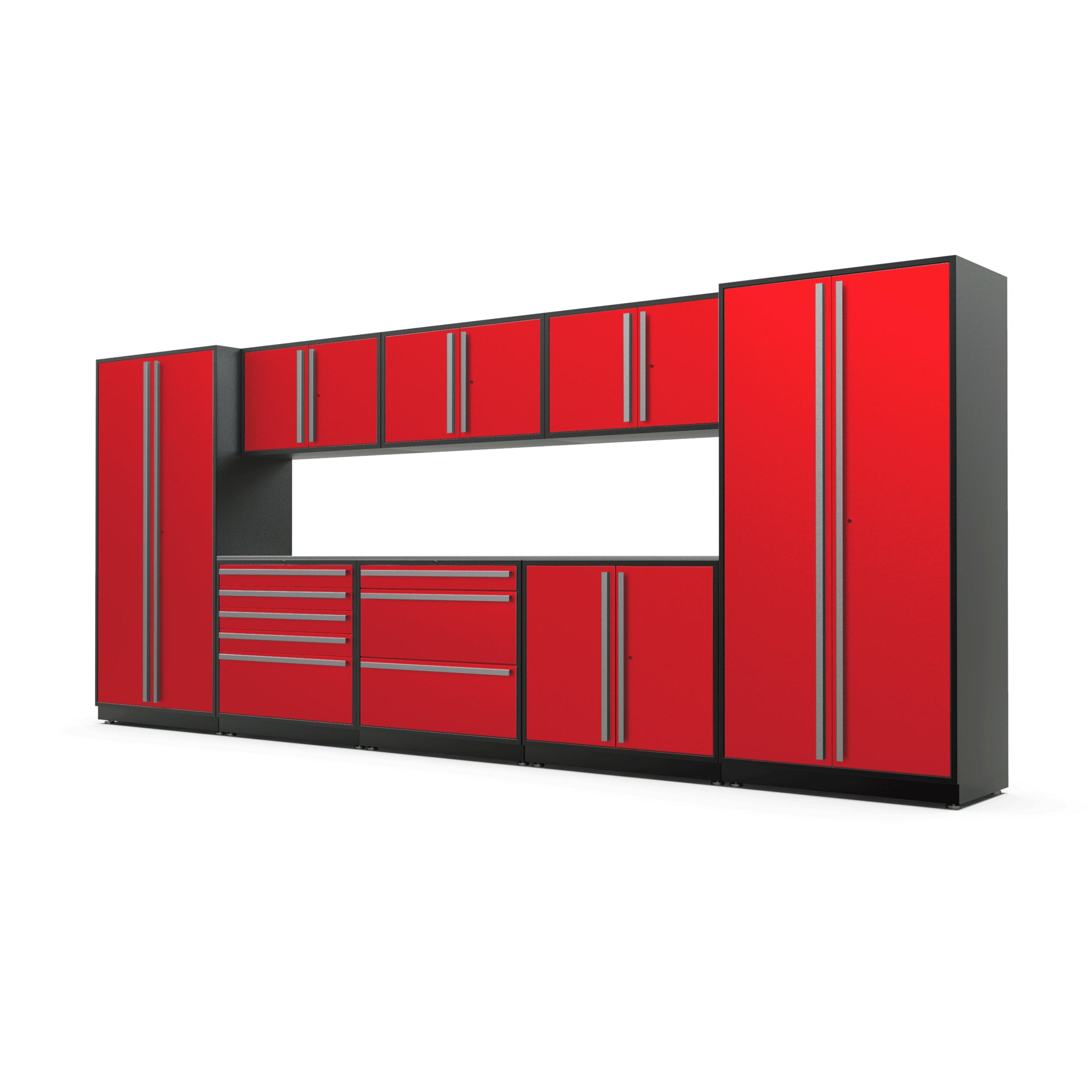 Proslat FusionPlus 16 ft MAX garage cabinet set in Traffic Red with Silver handles and a Stainless Steel worktop