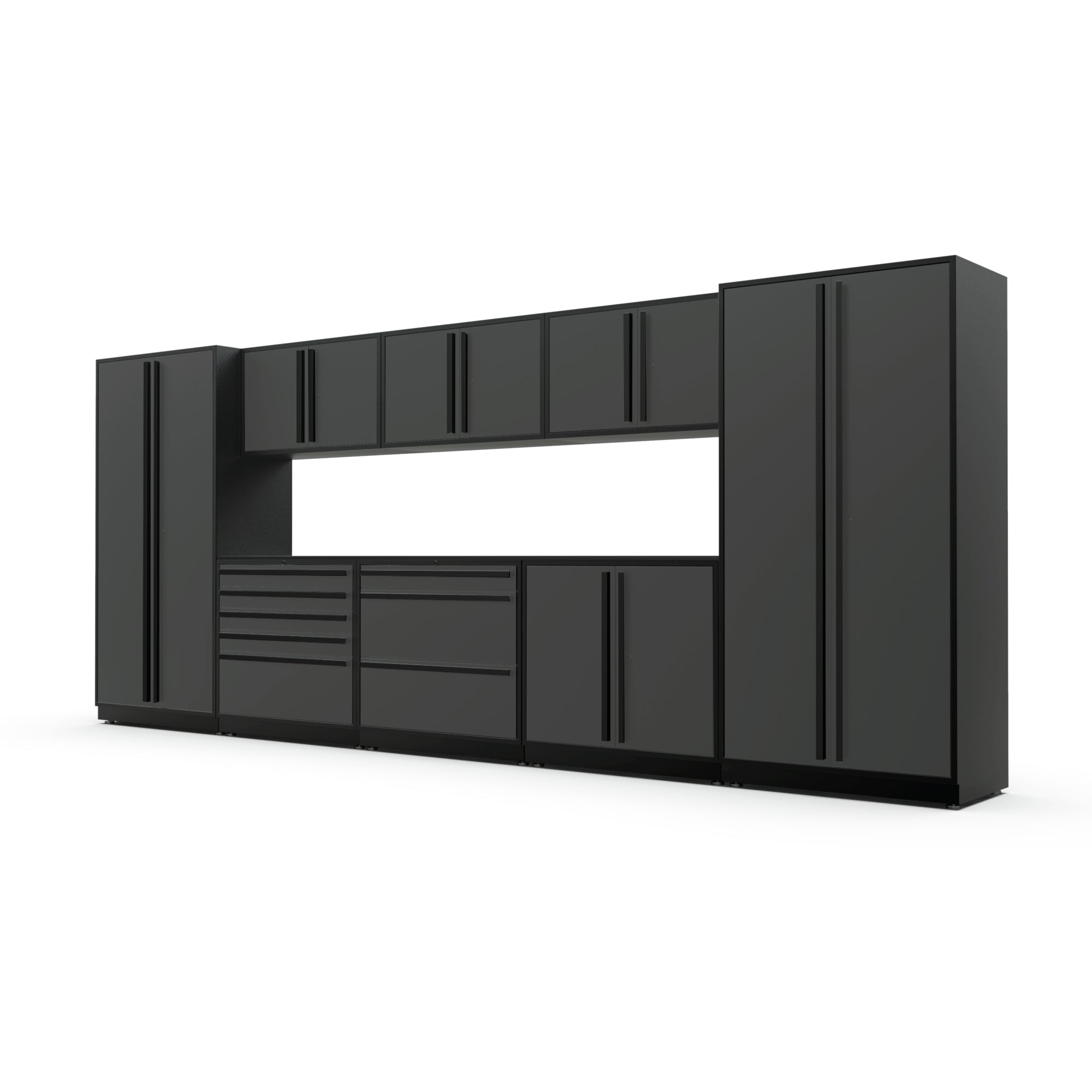 Proslat FusionPlus 16 ft MAX garage cabinet set in Traffic Gray with Black handles and a Powder Coated worktop