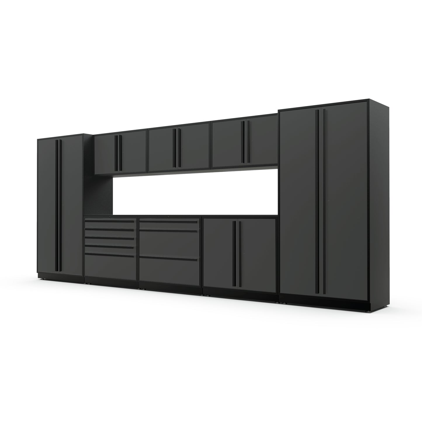 Proslat FusionPlus 16 ft MAX garage cabinet set in Traffic Gray with Black handles and a Powder Coated worktop