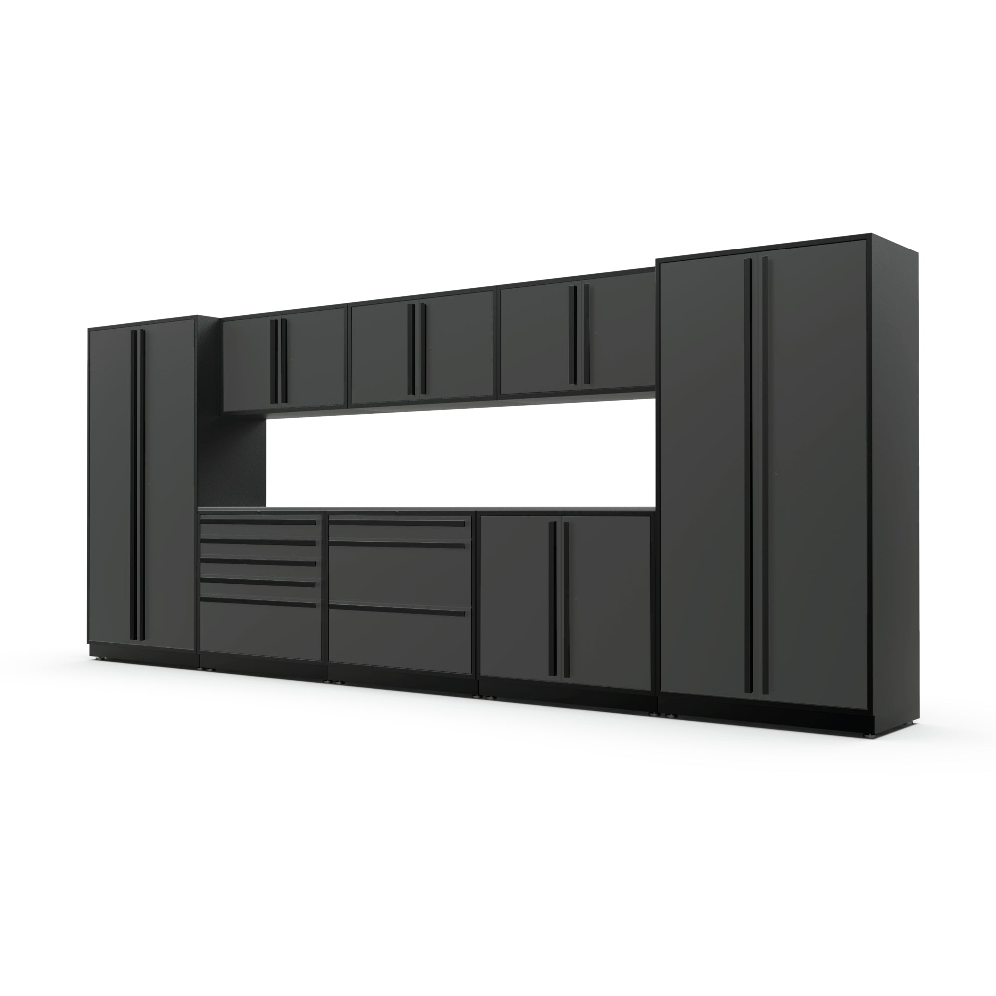 Proslat FusionPlus 16 ft MAX garage cabinet set in Traffic Gray with Black handles and a Stainless Steel worktop