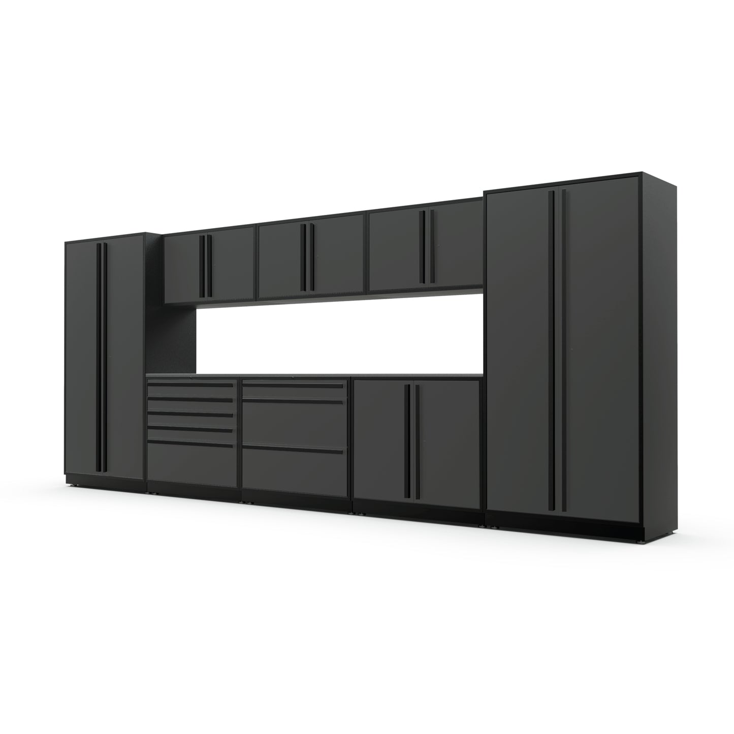 Proslat FusionPlus 16 ft MAX garage cabinet set in Traffic Gray with Black handles and a Stainless Steel worktop
