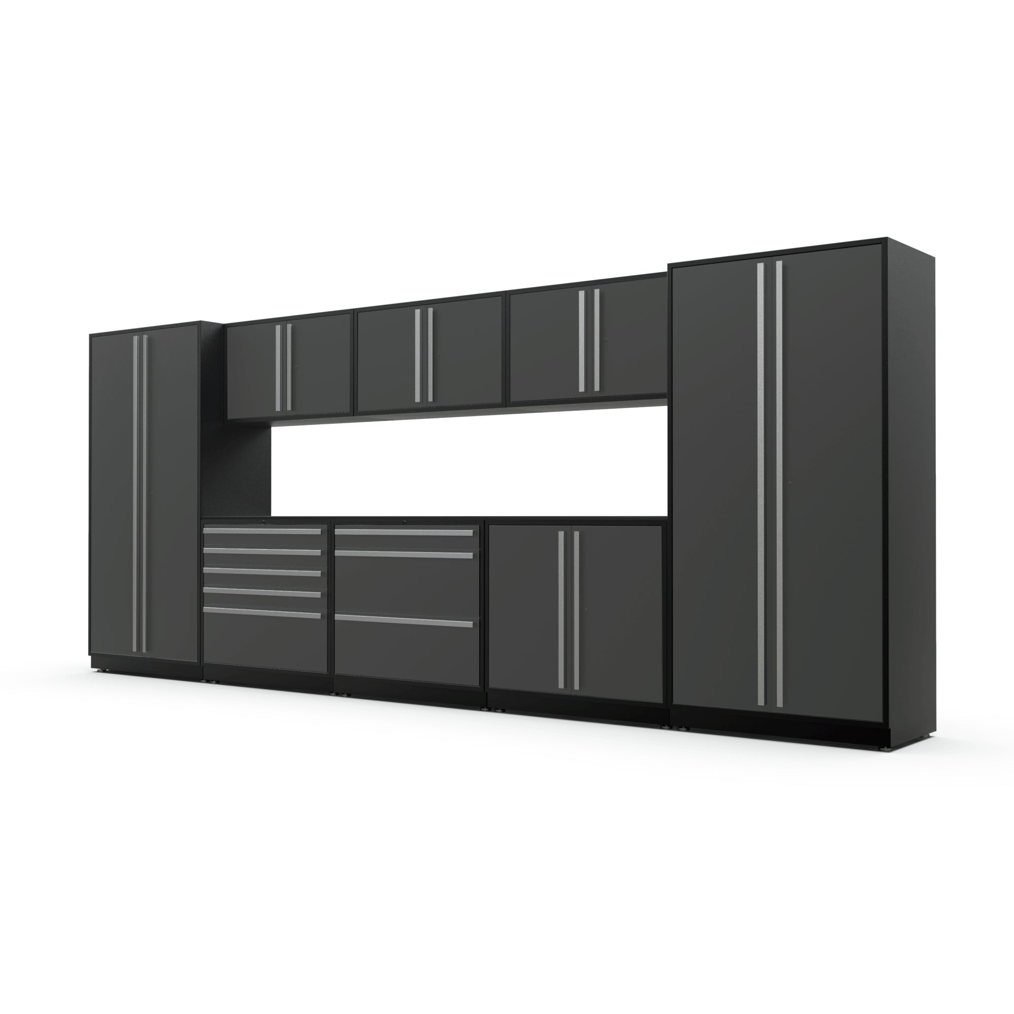 Proslat FusionPlus 16 ft MAX garage cabinet set in Traffic Gray with Silver handles and a Powder Coated worktop