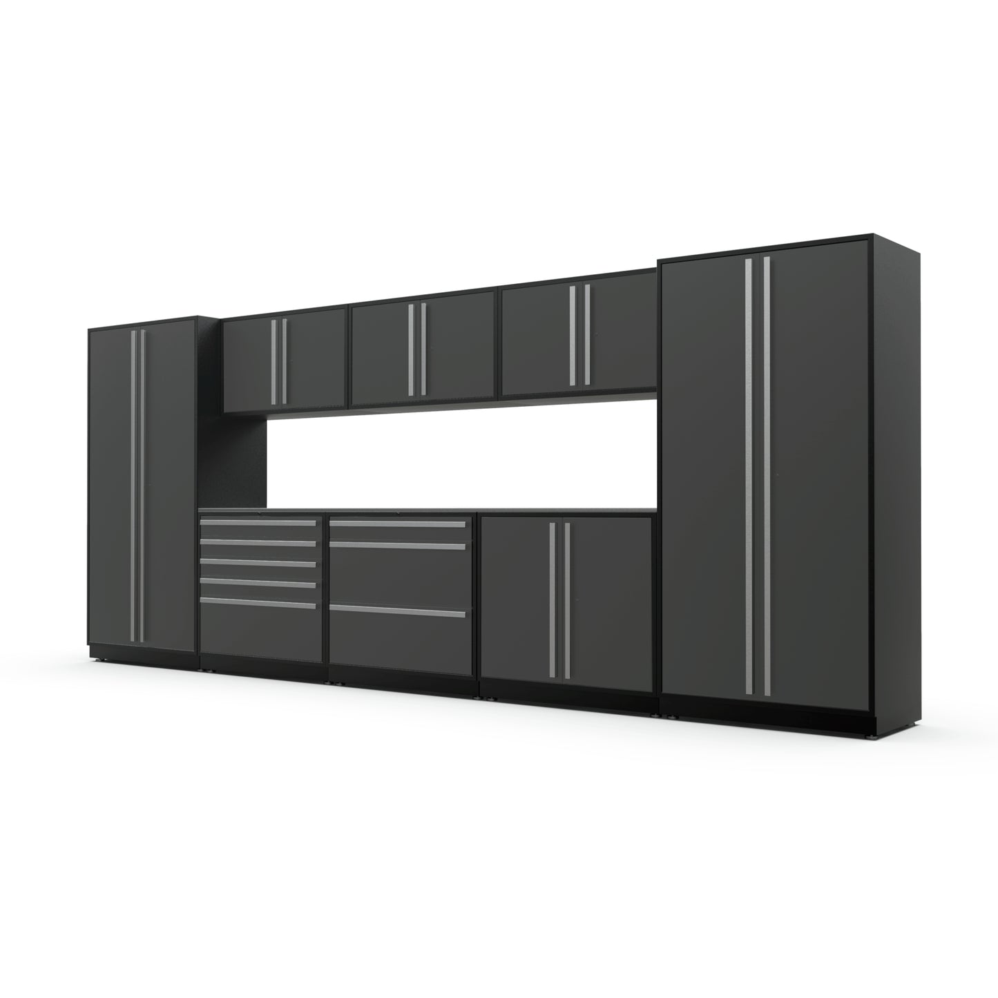 Proslat FusionPlus 16 ft MAX garage cabinet set in Traffic Gray with Silver handles and a Stainless Steel worktop