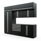 Proslat FusionPlus 10 ft MAX cabinet set with overheads in Black with Silver handles and a Stainless Steel worktop