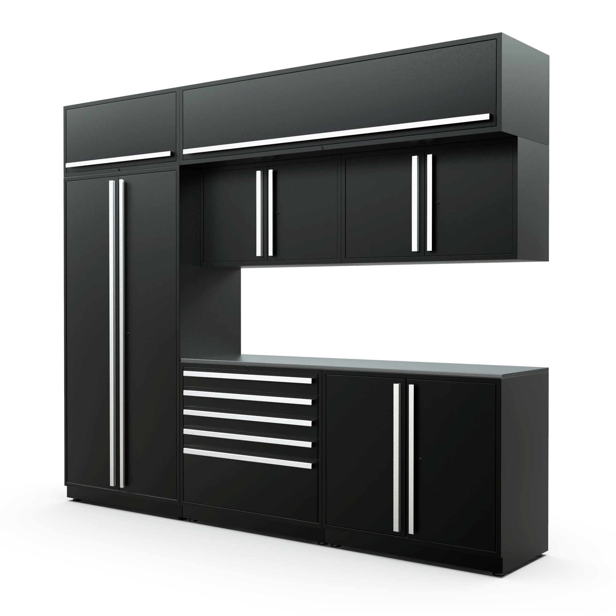 Proslat FusionPlus 10 ft MAX cabinet set with overheads in Black with Silver handles and a Stainless Steel worktop