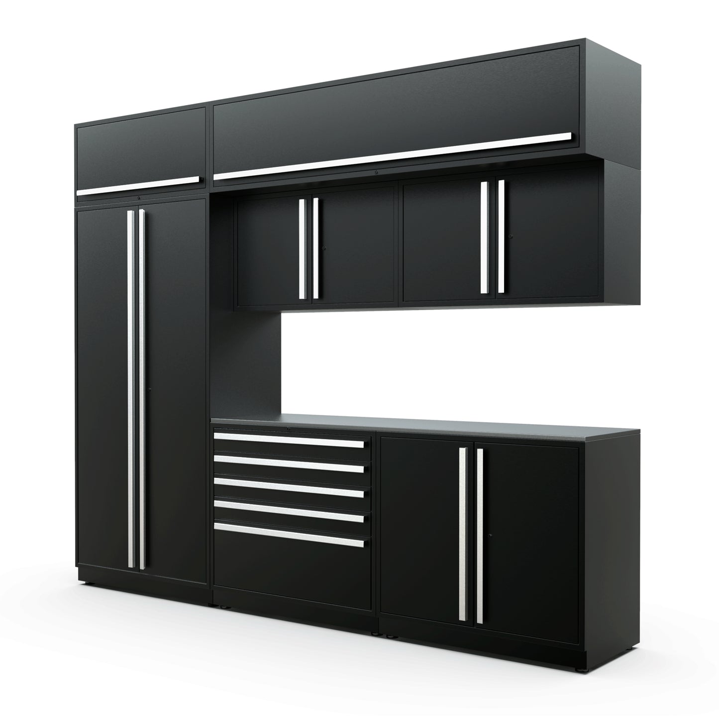 Proslat FusionPlus 10 ft MAX cabinet set with overheads in Black with Silver handles and a Stainless Steel worktop