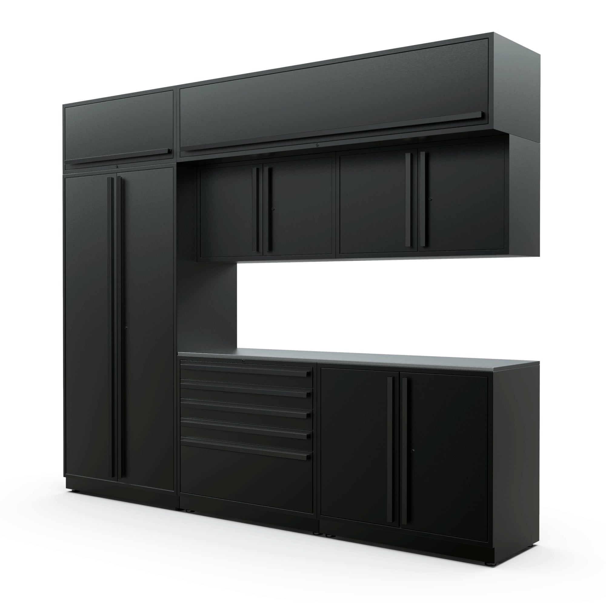Proslat FusionPlus 10 ft MAX cabinet set with overheads in Black with Black handles and a Stainless Steel worktop