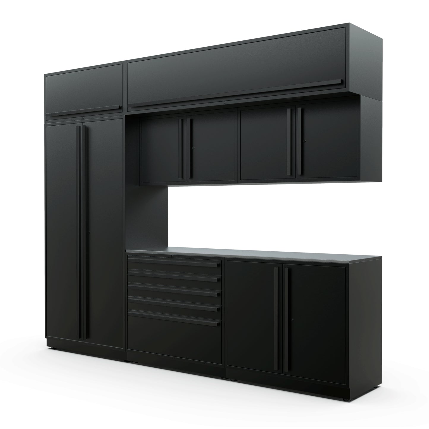 Proslat FusionPlus 10 ft MAX cabinet set with overheads in Black with Black handles and a Stainless Steel worktop